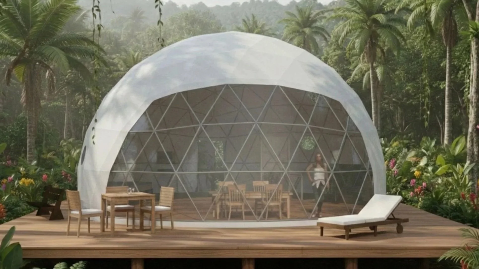 A modern geodesic dome structure on a wooden deck in a lush tropical garden with tall palm trees and colorful flowers. The dome has large, transparent triangular panels and contains wooden tables and chairs inside. A woman is standing inside the dome near the entrance.
