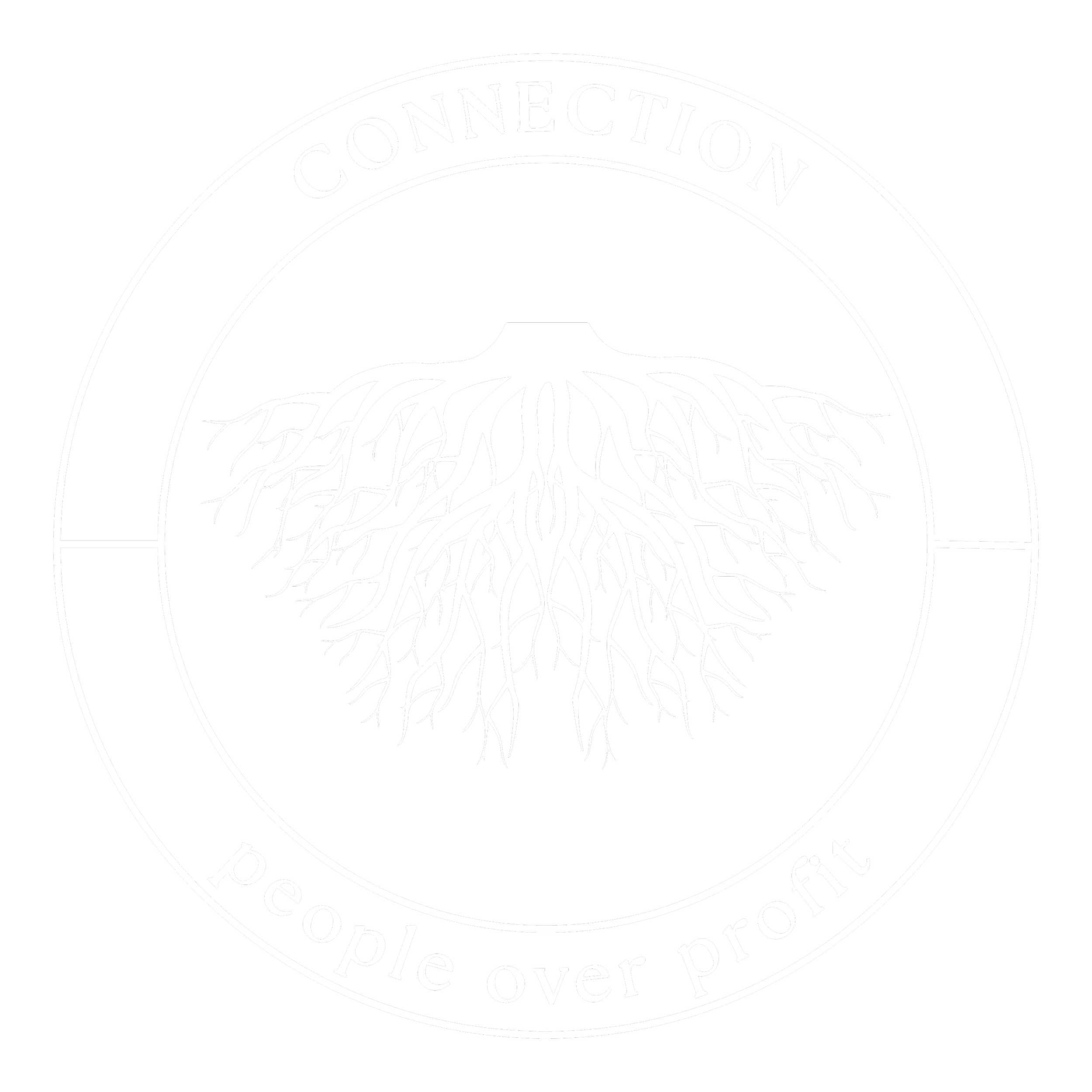 A circular logo with the word 'CONNECTION' at the top and the phrase 'people over profit' at the bottom, featuring a stylized tree with roots.