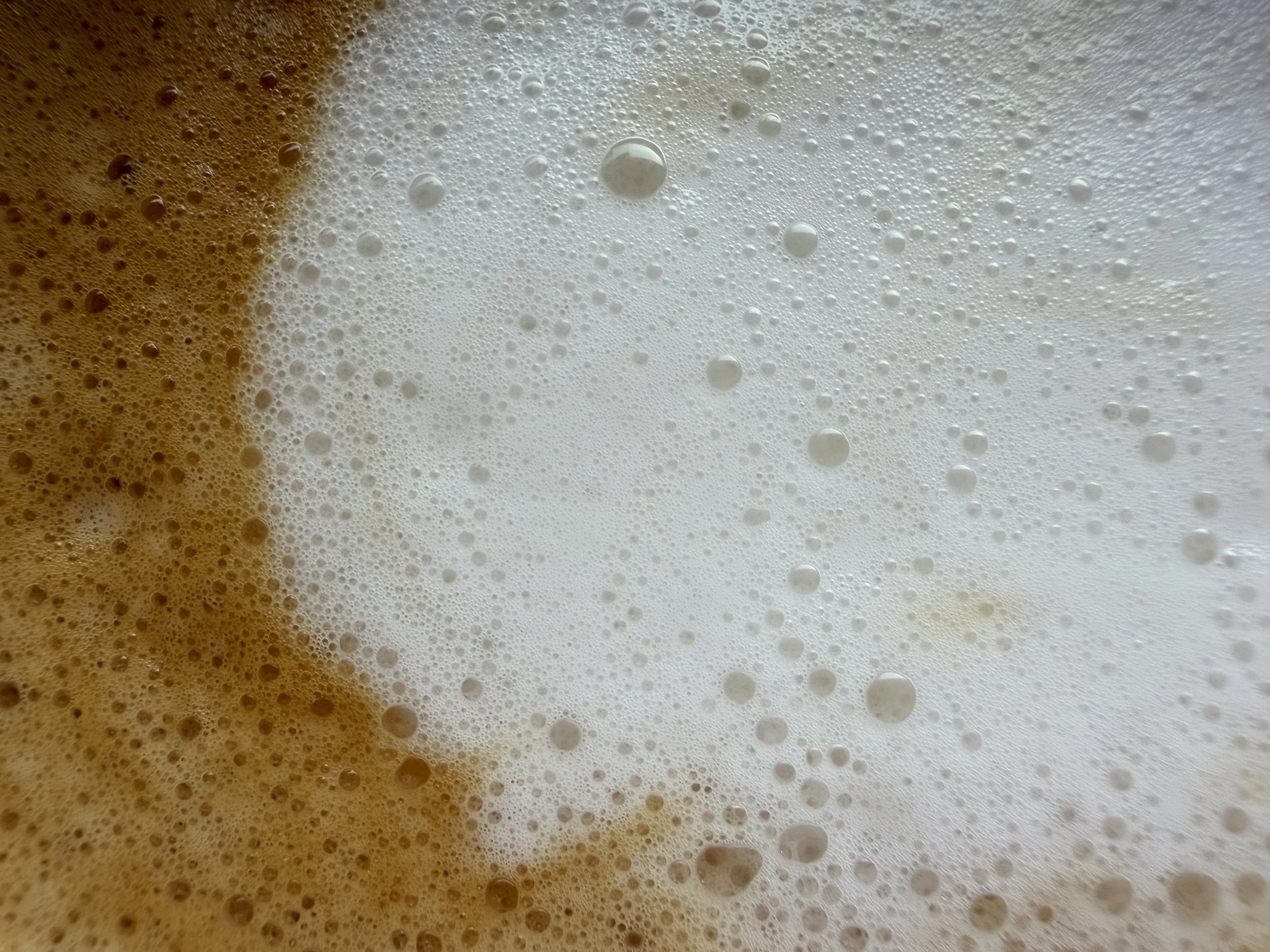 Close-up photo of a foamy beverage, likely beer or soda, showing bubbles and foam textures.