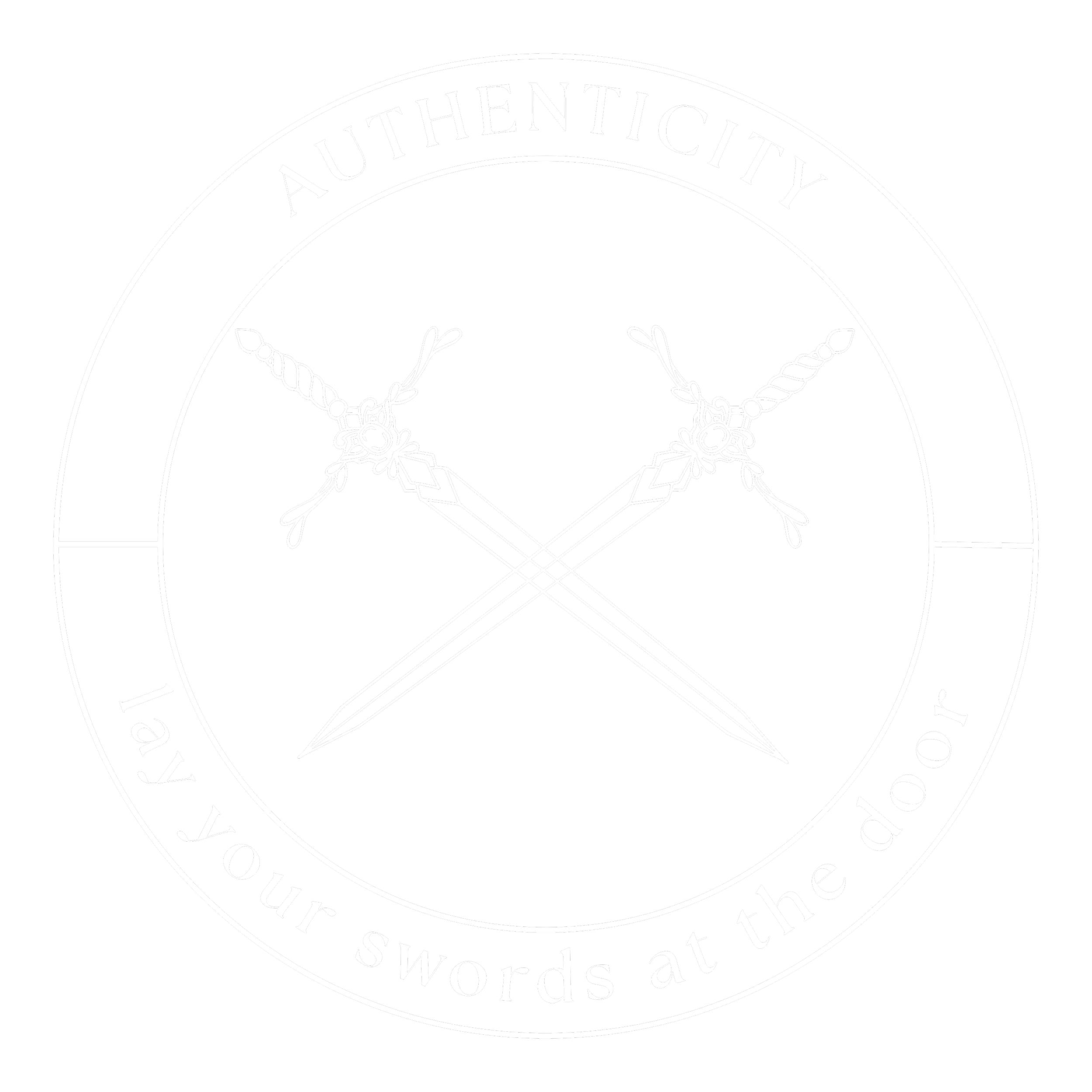 A circular emblem with the words "AUTHENTICITY" at the top and "our words at the" at the bottom, and a detailed illustration of two intertwined ropes or vines in the center.