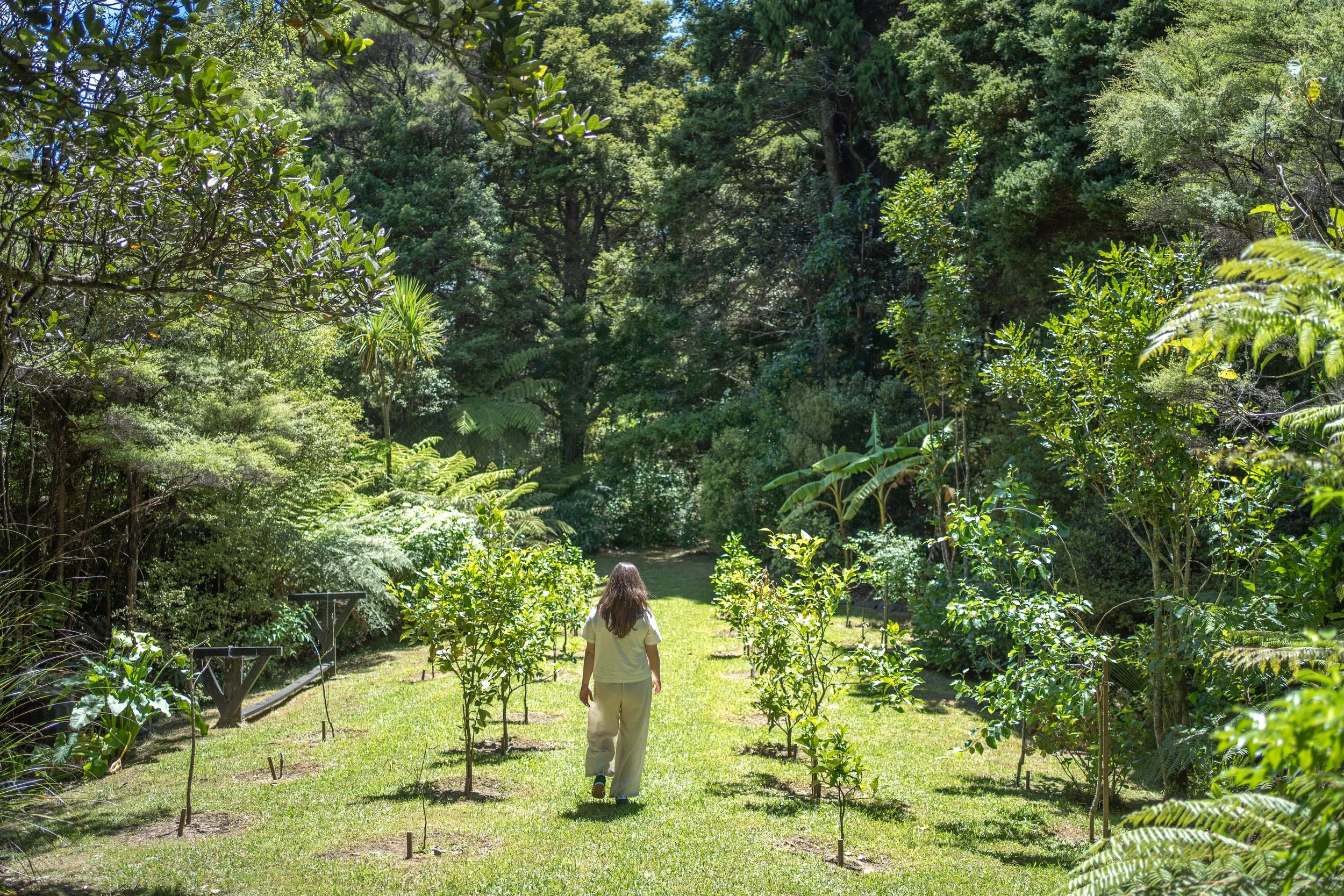 A woman with long, brown hair, wearing a yellow shirt and beige pants, walking through a lush, green garden or forest area with various trees and plants, under a clear, sunny sky.