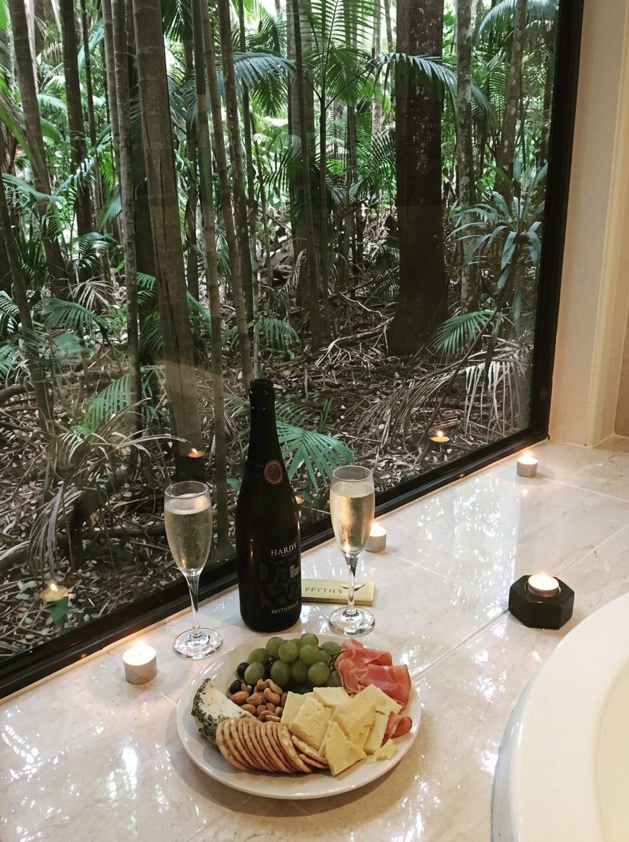 Champagne, glasses and a cheese platter beside a spa bath, rainforest through the window