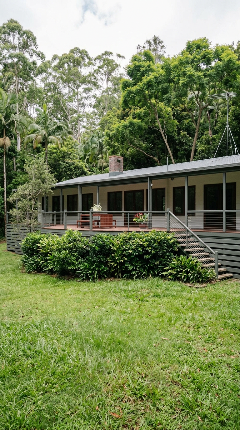Pethers House exterior, a renovated Queenslander with wrap-around verandah and treetop views