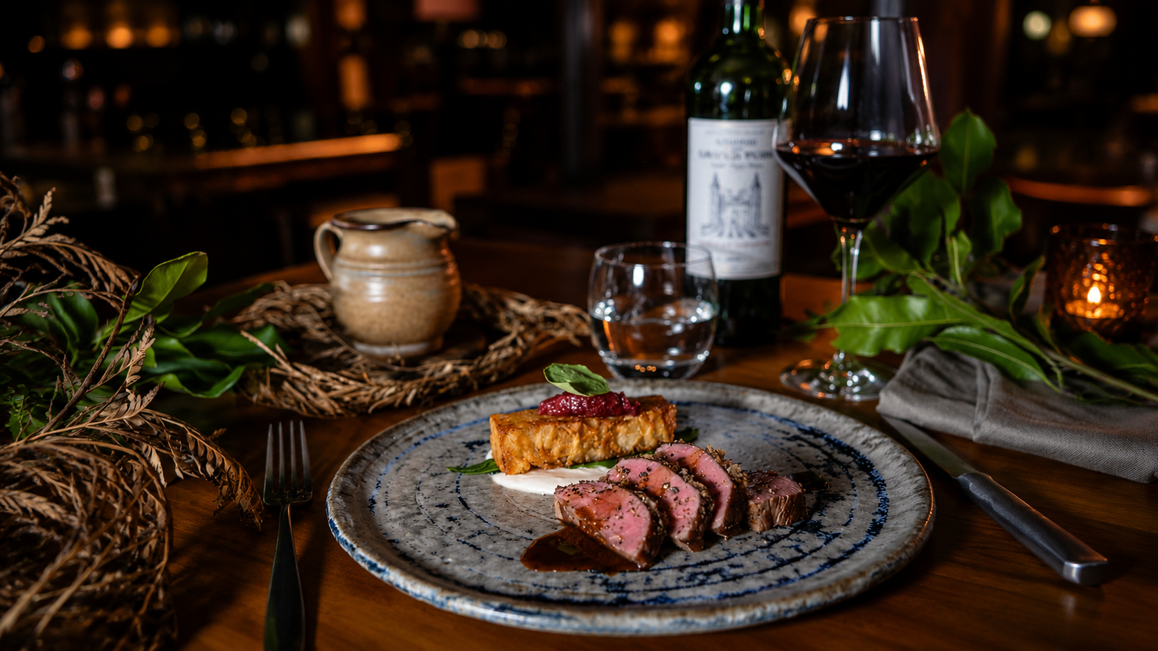 Plated steak with red wine in the Pethers restaurant