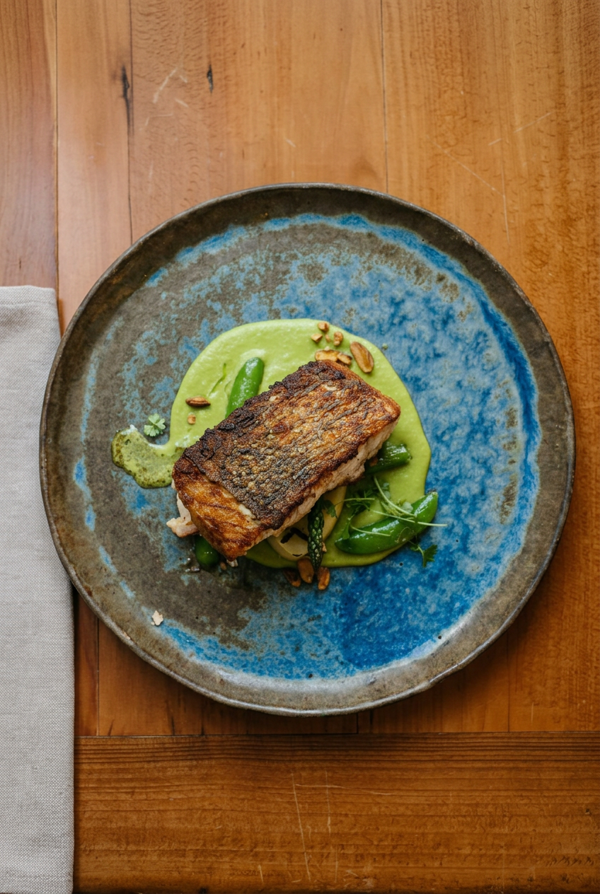 Crispy-skin fish with pea purée and mushrooms, plated from above