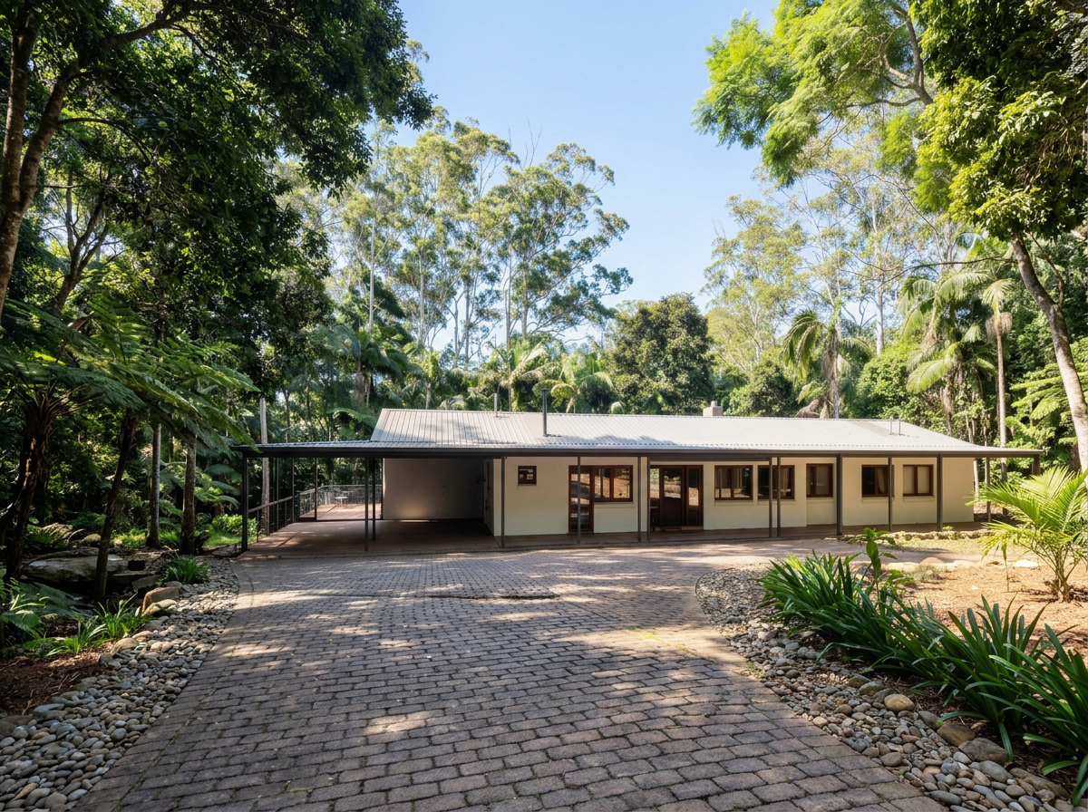 Pethers House exterior with paved driveway and carport, surrounded by rainforest