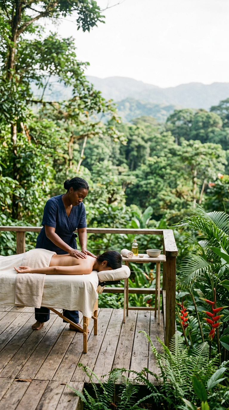 Outdoor massage on a deck overlooking the rainforest canopy