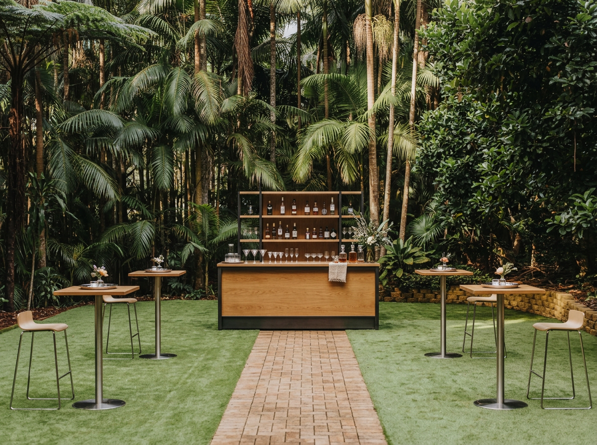 Outdoor bar set up on the lawn beside the ceremony path