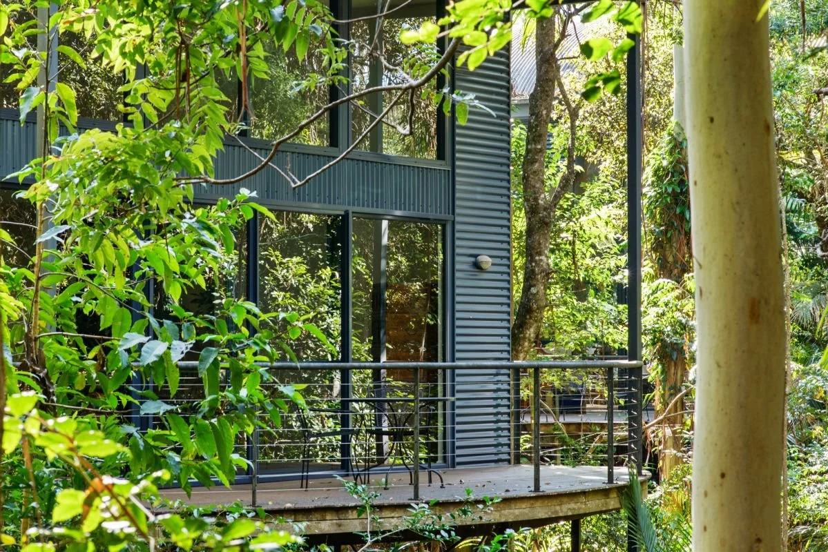 Rainforest villa with floor-to-ceiling glass and private deck, surrounded by palms