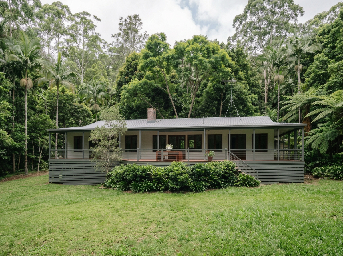 Pethers House from the lawn, wrap-around verandah beneath tall palms