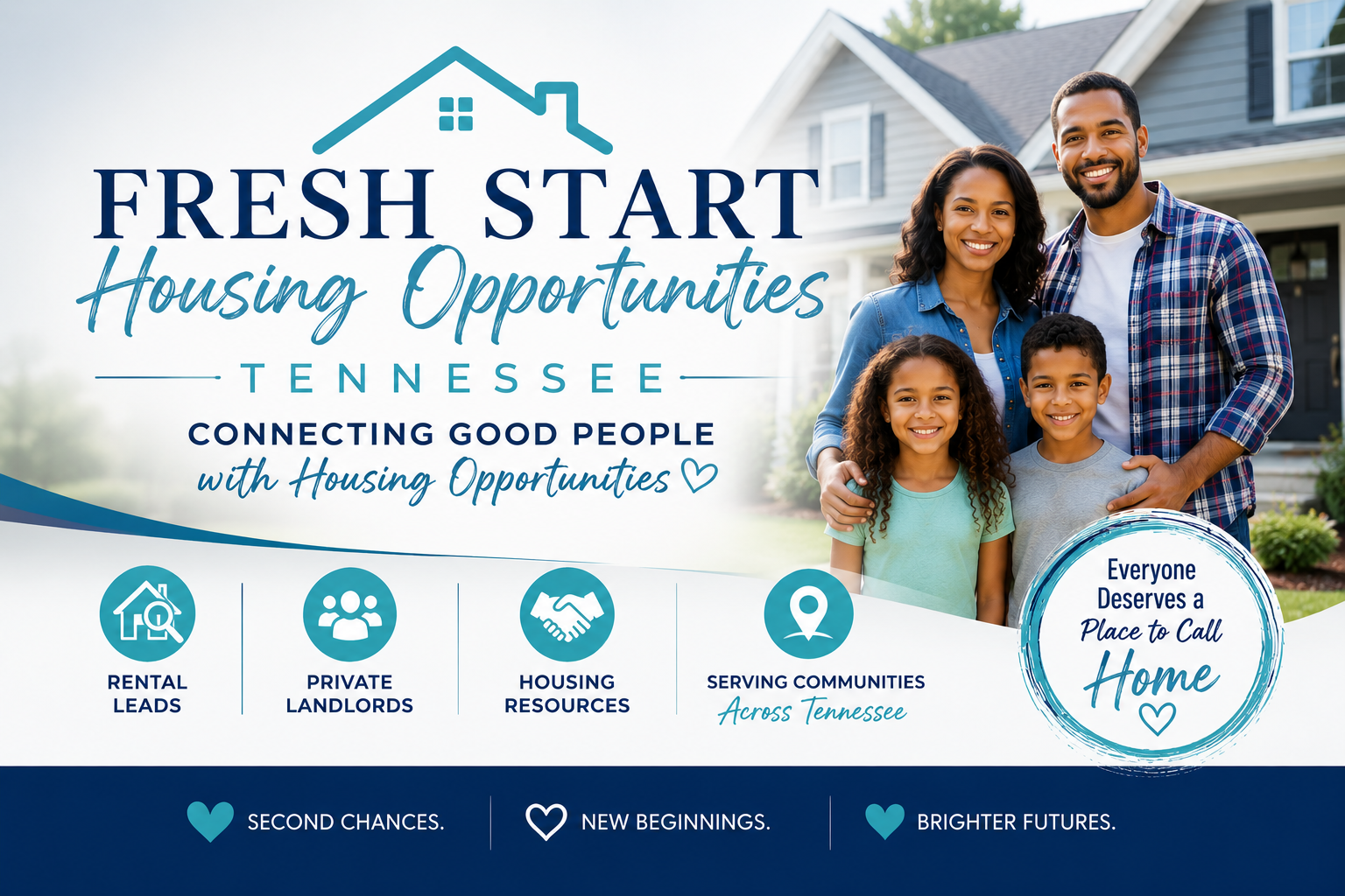 A family of four standing in front of a house, promoting housing opportunities in Tennessee with text about connecting good people with housing resources, private landlords, and serving communities across the state.