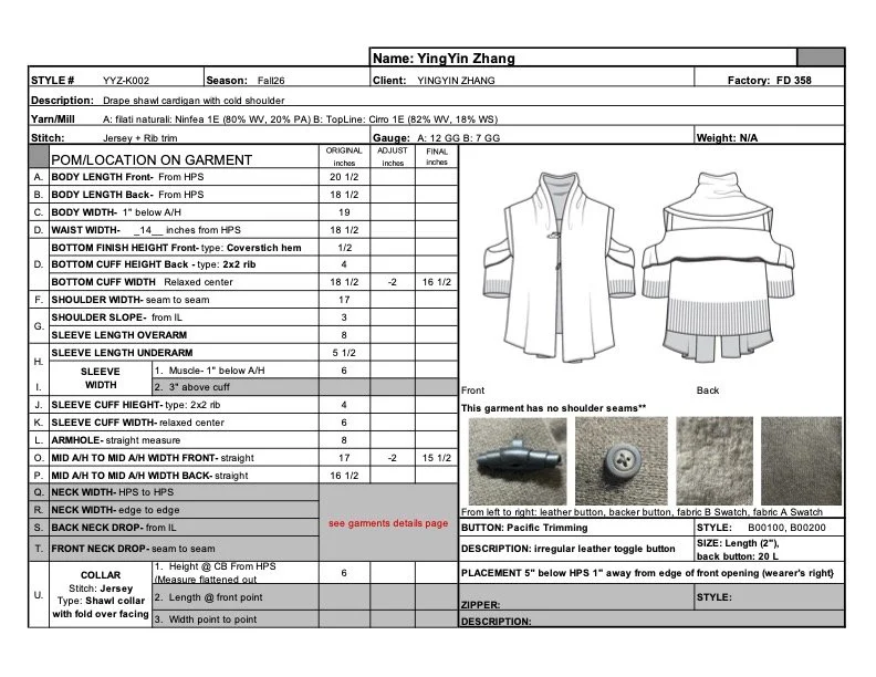 Cardigan tech pack based on original design