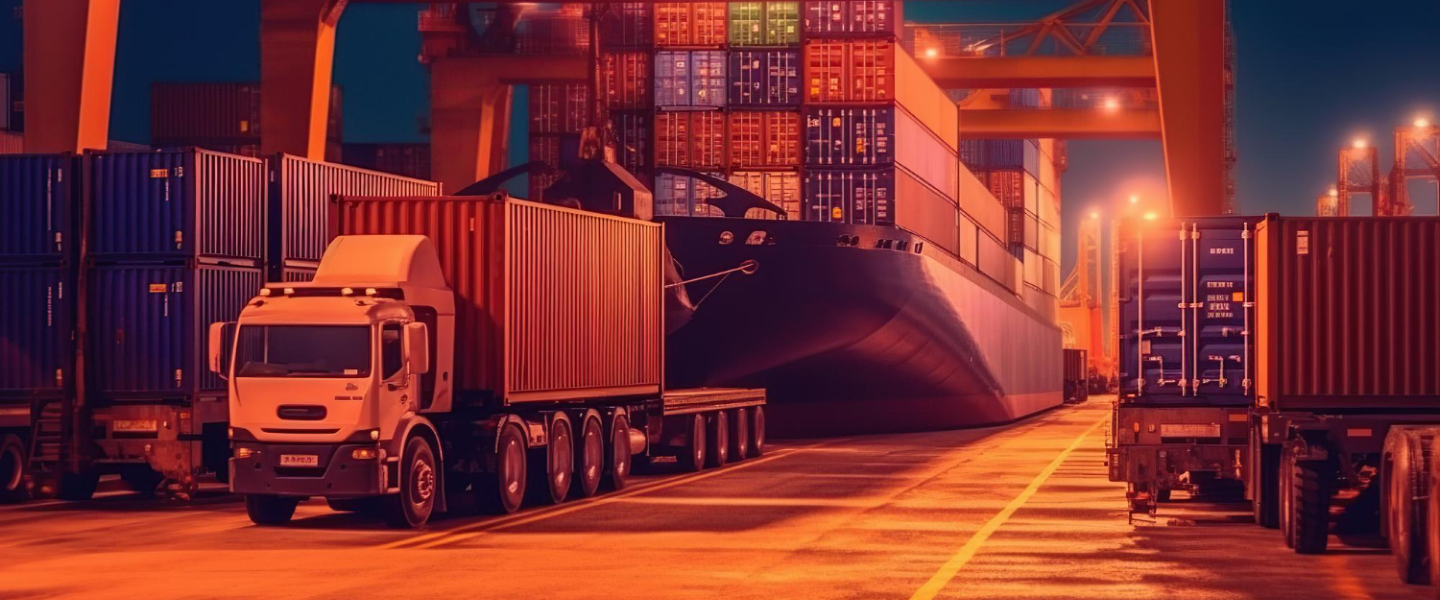Cargo ship docked at port with containers and trucks at night