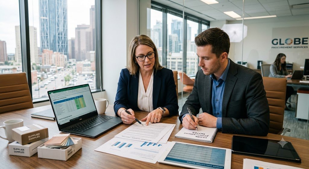 Two business professionals, a woman and a man, reviewing documents at a conference table in an office with large windows and a city view.