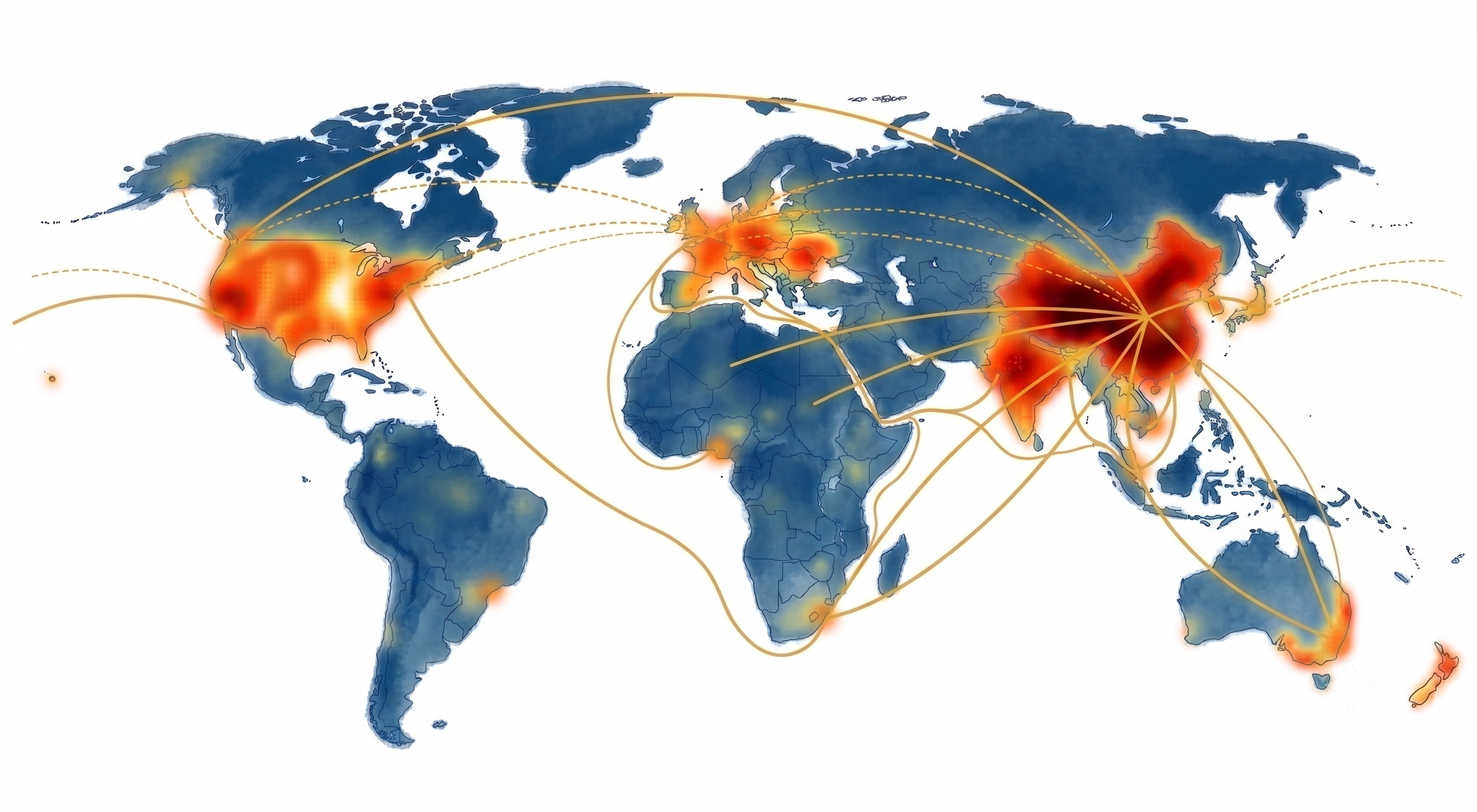 A world map displaying global connectivity and data flow, with heatmap highlights in red and orange on parts of North America, Europe, Asia, and Australia, and lines indicating connections between these regions.