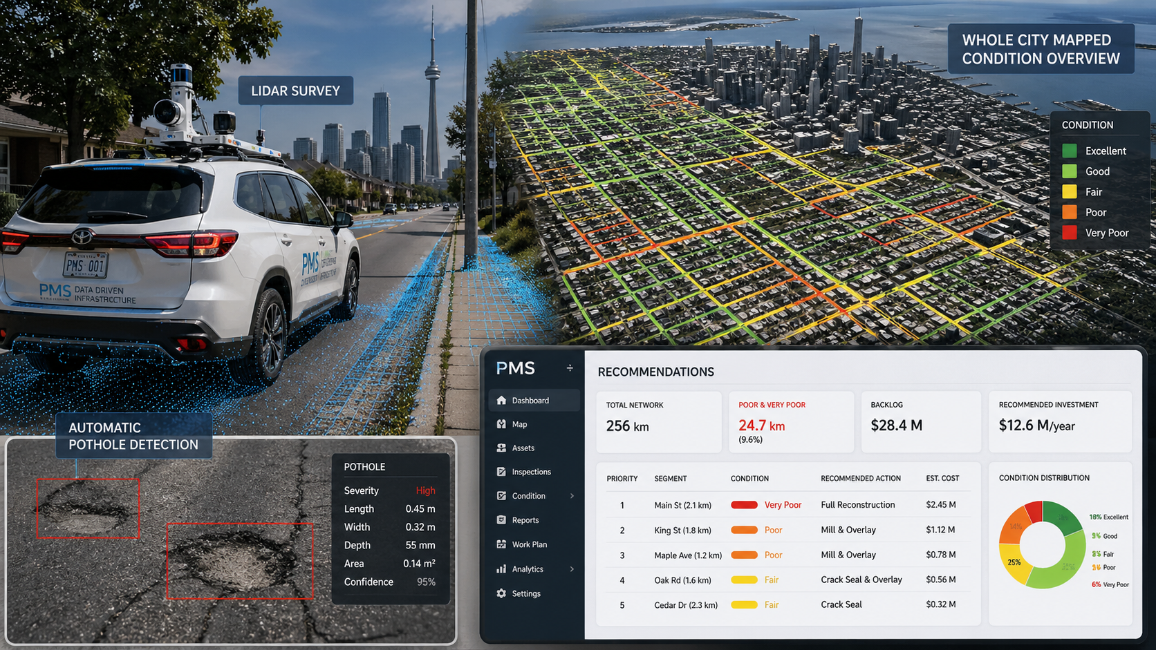 A digital overlay of a roadway with data on potholes and city mapping. On the left, a white vehicle equipped with LIDAR survey tools is parked on a residential street, with blue digital points indicating pothole locations. On the right, a 3D map of a city shows different road conditions marked in various colors indicating quality from excellent to very poor. A dashboard displays network information, pothole severity, recommended repairs, costs, and condition distribution.