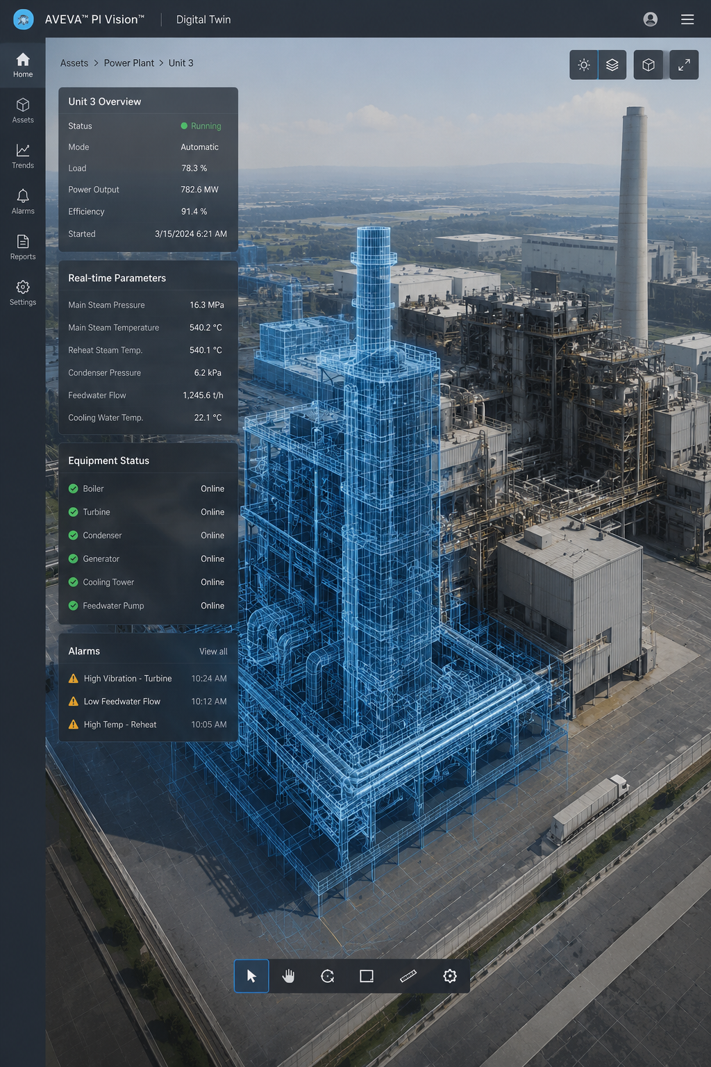 A digital overlay of a building on an industrial power plant shows detailed 3D wireframe models of equipment and data panels with operational information, including status, parameters, equipment status, and alarms.