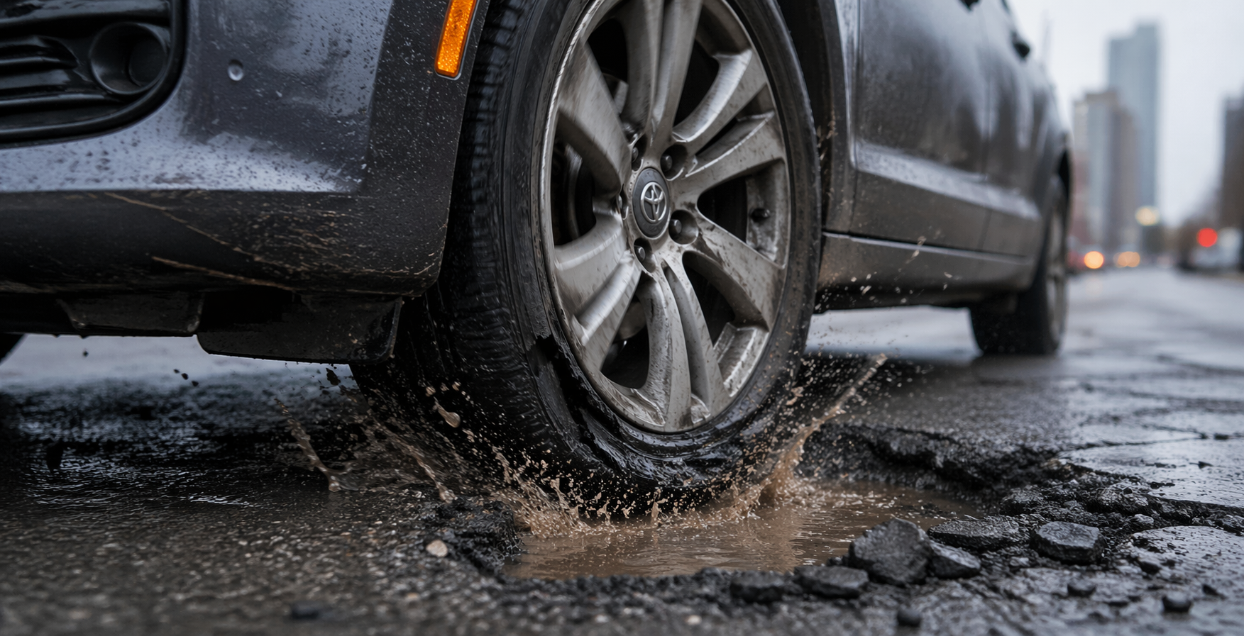 A muddy black car driving over a pothole on a wet city street.