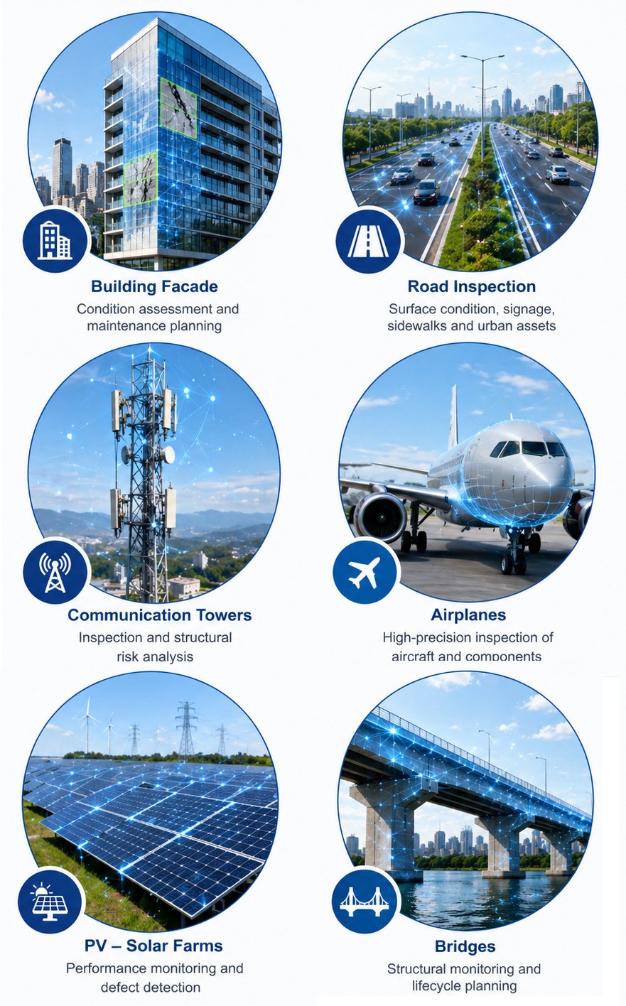 A graphic showcasing various infrastructure monitoring and assessment services, including a building facade for condition assessment, a road for surface condition inspection, communication towers for structural risk analysis, airplanes for aircraft inspection, solar farms for performance monitoring, and bridges for structural monitoring and lifecycle planning.