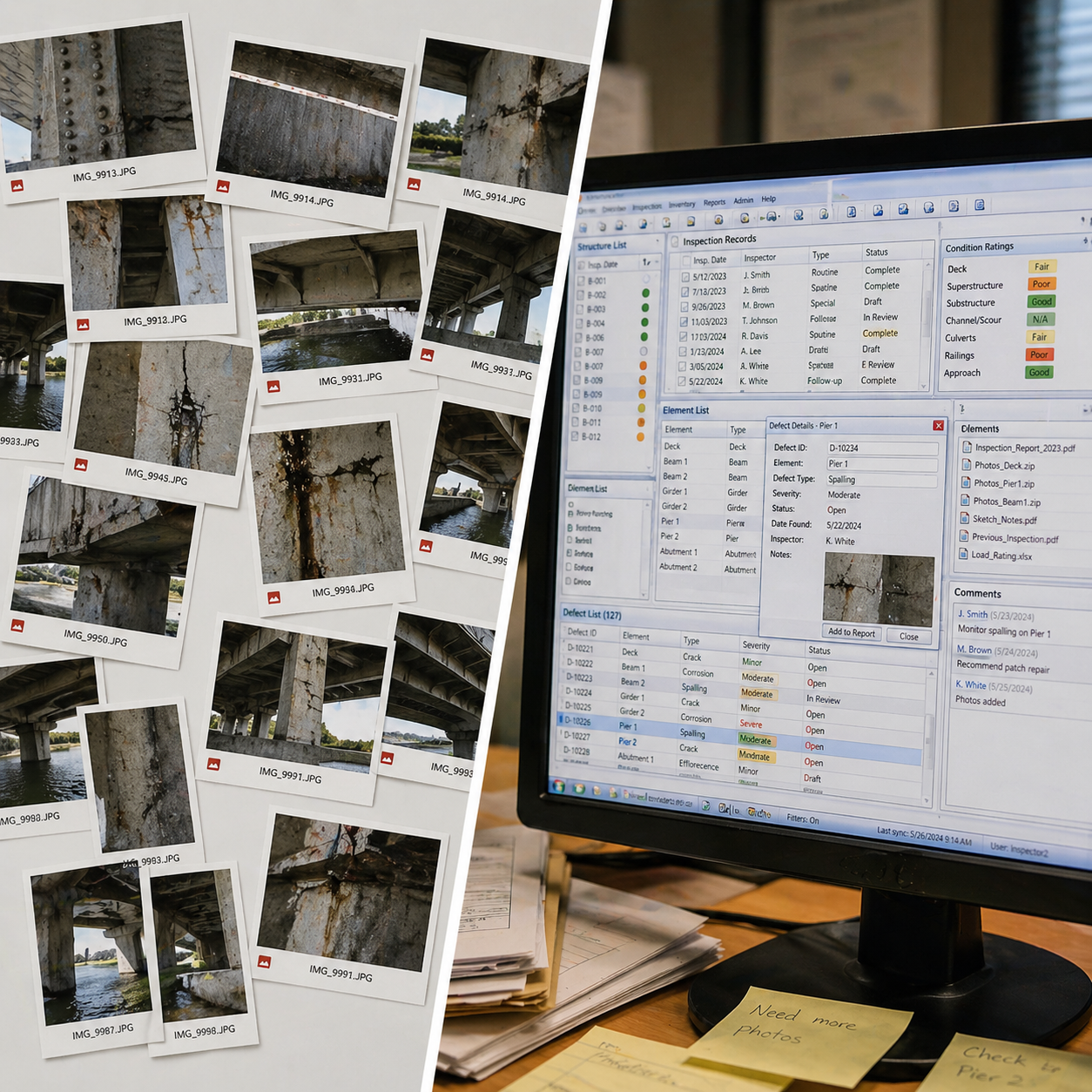 Photos of a bridge's structural damage laid out next to a computer screen displaying inspection and repair records for the same bridge.
