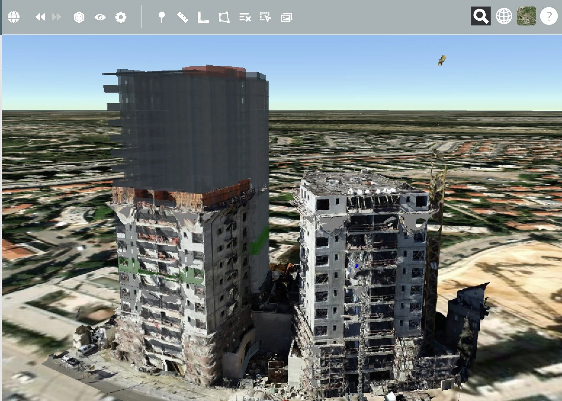 3D render of a cityscape with a large modern high-rise building on the left, a smaller damaged building on the right, and a bird flying in the sky above.