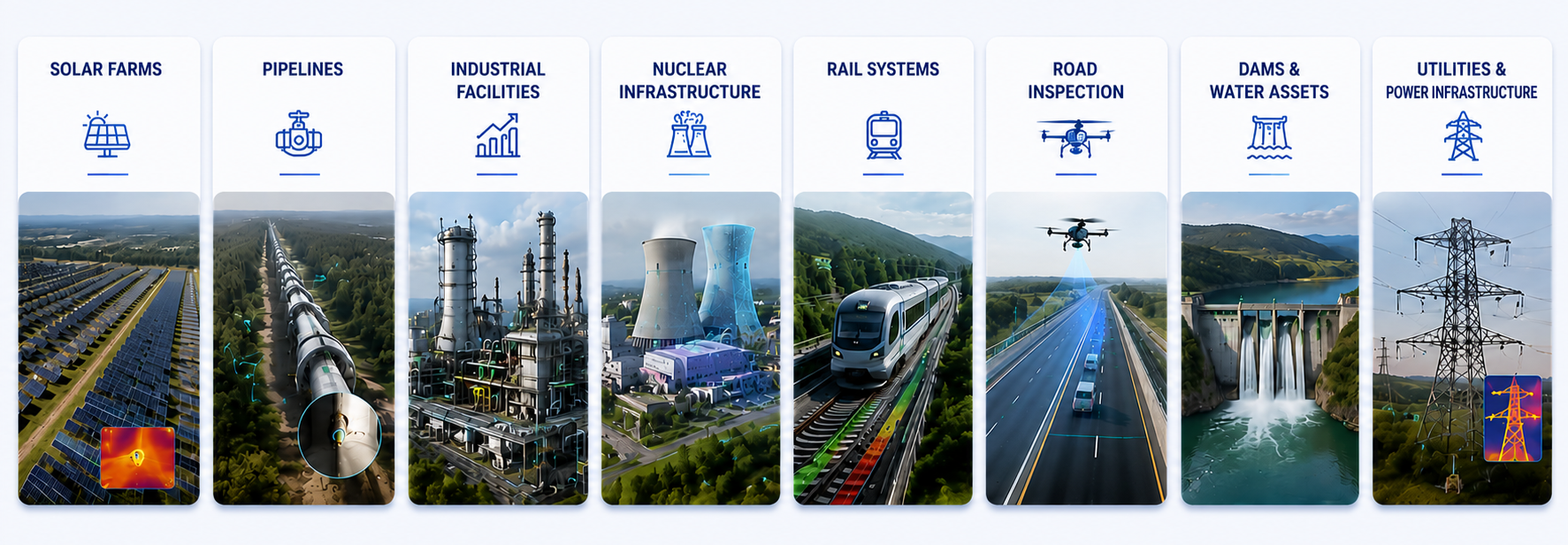 Infographic showing different infrastructure categories, including solar farms, pipelines, industrial facilities, nuclear infrastructure, rail systems, road inspection, dams and water assets, and utilities and power infrastructure, with representative images and icons for each category.