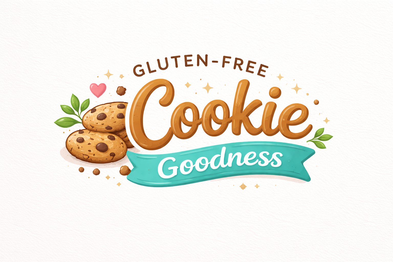 Illustration of gluten-free cookies with green leaves and a pink heart with the text 'Gluten-Free Cookie Goodness' on a white background.