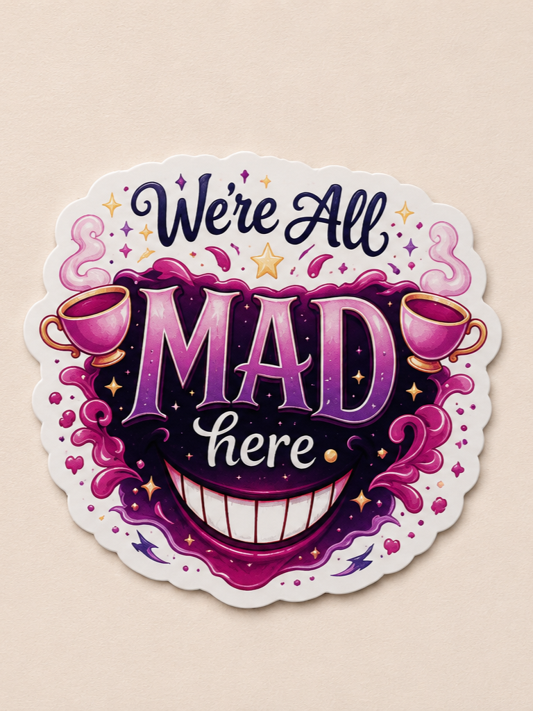 A decorative sticker with a purple smiley face wearing a mischievous grin, with the text "We're All MAD here" and illustrations of pink coffee cups, stars, and swirling shapes.
