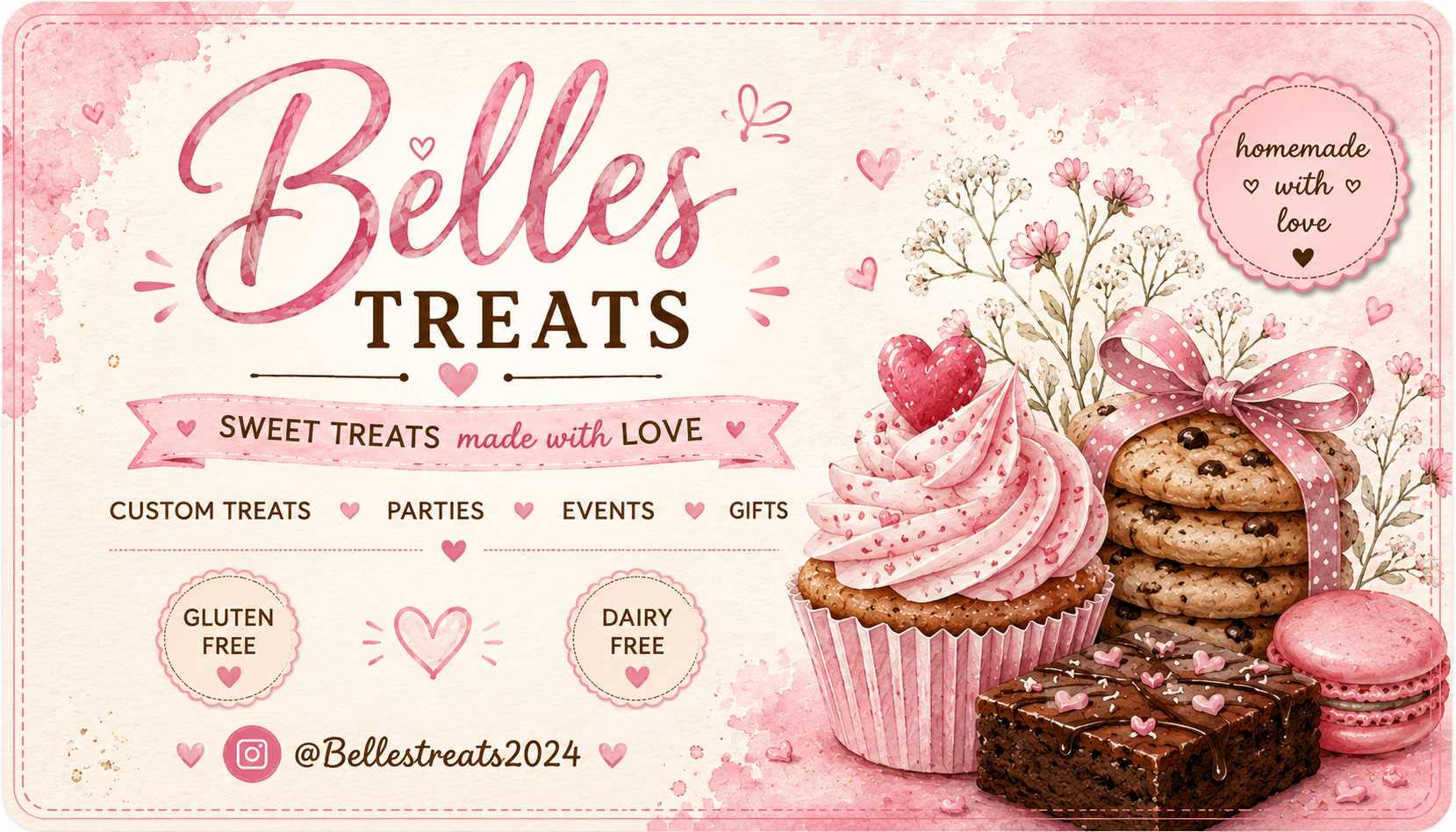 Pink-themed banner advertising Beless Treats, featuring cupcakes, cookies, and macarons with heart decorations, floral accents, and the text 'homemade with love' and social media handle '@Belltreats2024'.