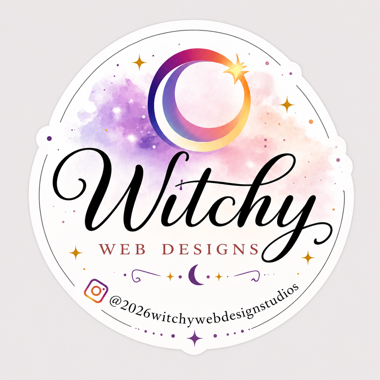 A logo for Witchy Web Designs featuring a watercolor galaxy background with purple, pink, and blue hues, a crescent moon and star, and the text "Witchy" in black cursive, "Web Designs" in red, and social media handle @2026witchywebdesignstudios.
