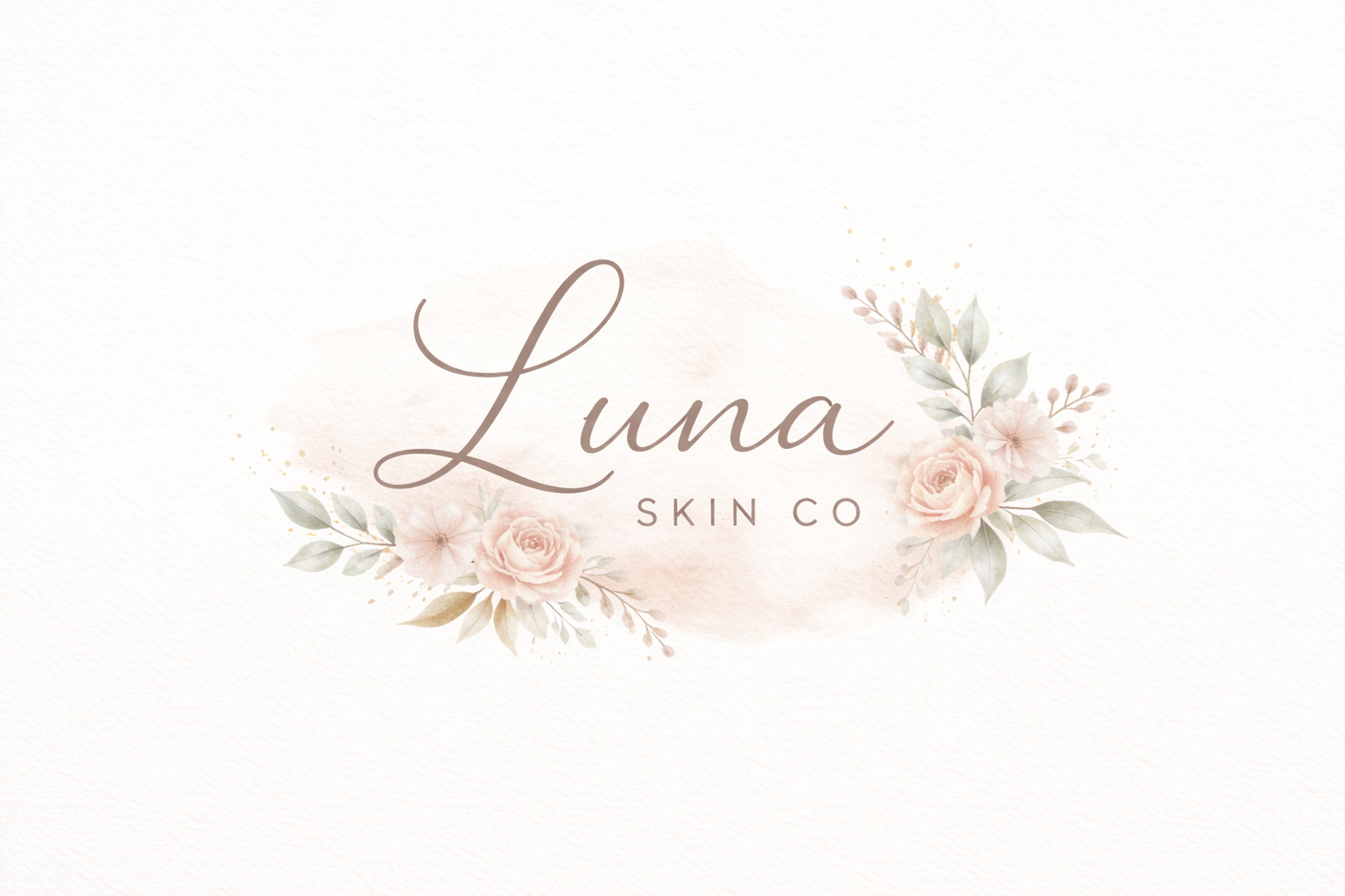 Logo for Luna Skin Co. with soft pink roses and green leaves in a watercolor style on a light background.