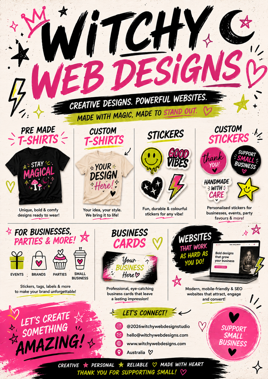 Colorful flyer advertising witchy web designs, featuring handmade T-shirts, stickers, business cards, and websites. Includes illustrations of T-shirts, stickers, a laptop, and contact info. Uses pink, black, yellow, and white colors.