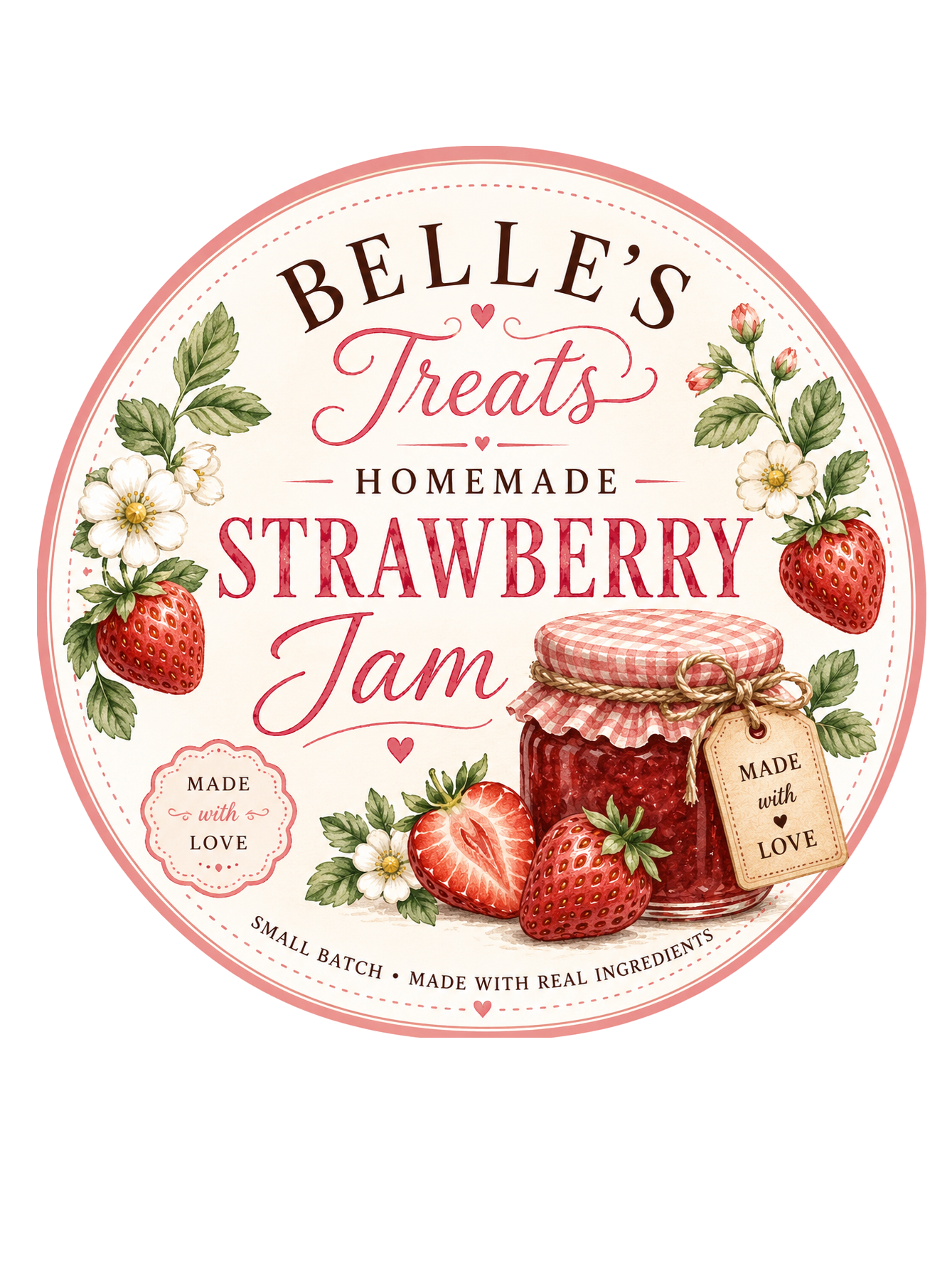 Label for Belle's treats homemade strawberry jam with strawberries, strawberries flowers, and a jar of jam with a gingham lid and tags that say 'made with love'.