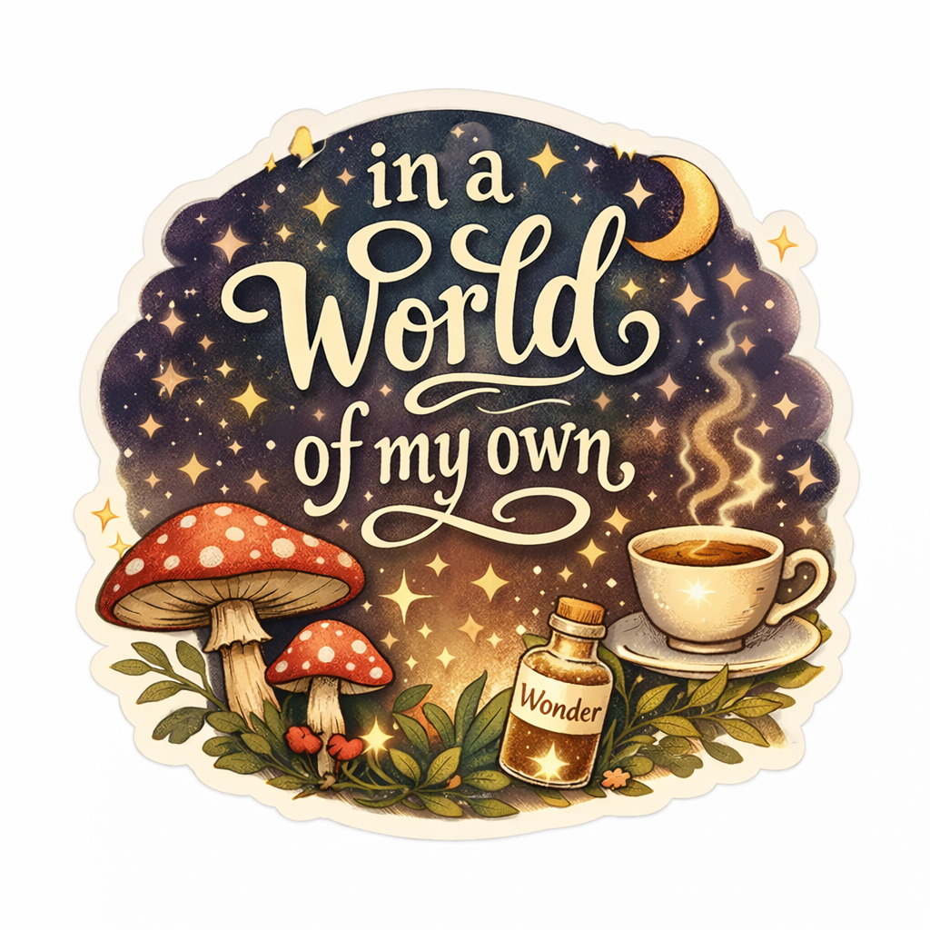 Decorative sticker with the phrase "in a world of my own" surrounded by mushrooms, a steaming cup of tea, a small bottle labeled "Wonder," and a starry night sky with a crescent moon.