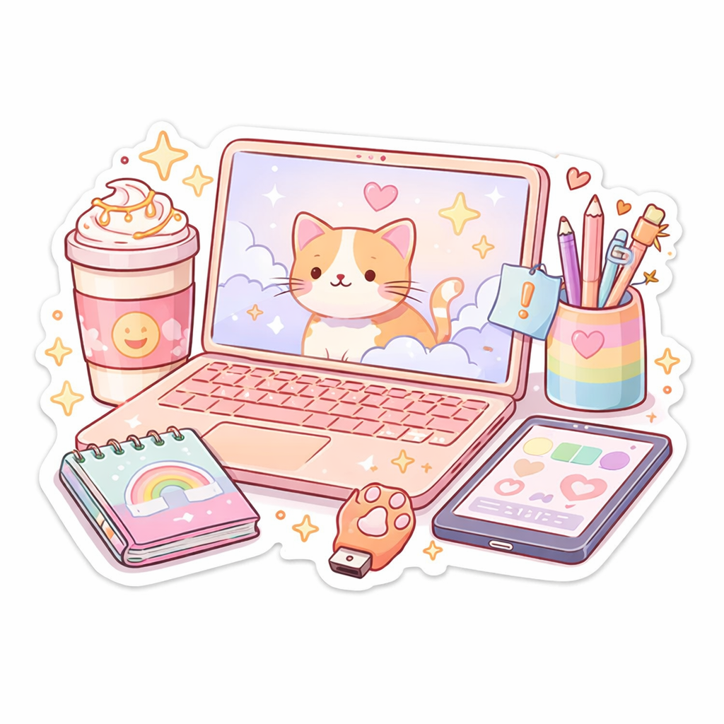 A pastel-colored illustration of a cute workspace with a pink laptop displaying a cat image, a rainbow-themed notebook, a rainbow-striped cup with pencils and brushes, a smartphone with heart stickers, a USB paw-shaped drive, a soft drink with whipped cream, and various star and heart decorations.