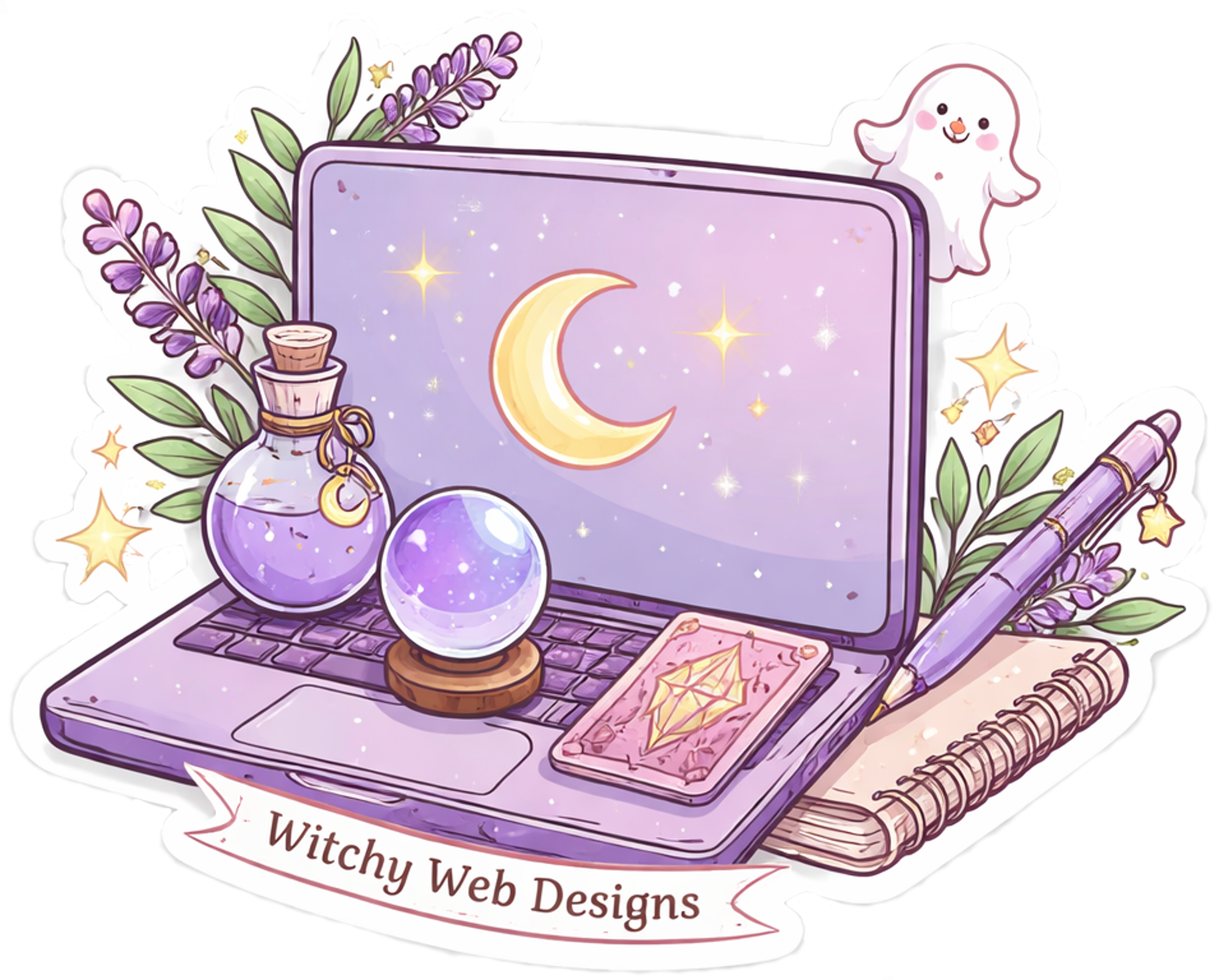 Illustration of a purple laptop with a moon and stars on the screen, surrounded by lavender flowers, a potion bottle, purple eggs, a tarot card, a purple pen, and a white ghost-like character, with a banner reading 'Witchy Web Designs'.