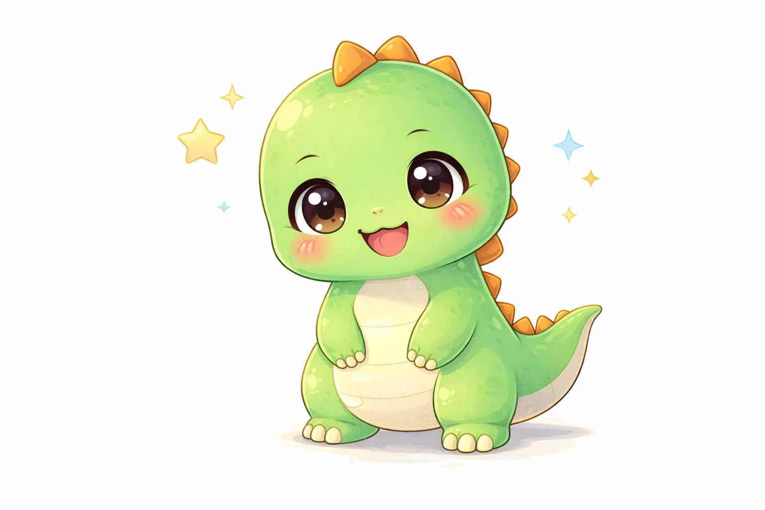 Cute cartoon baby dinosaur with big eyes, rosy cheeks, and a happy expression, standing on a white background with colorful stars around.
