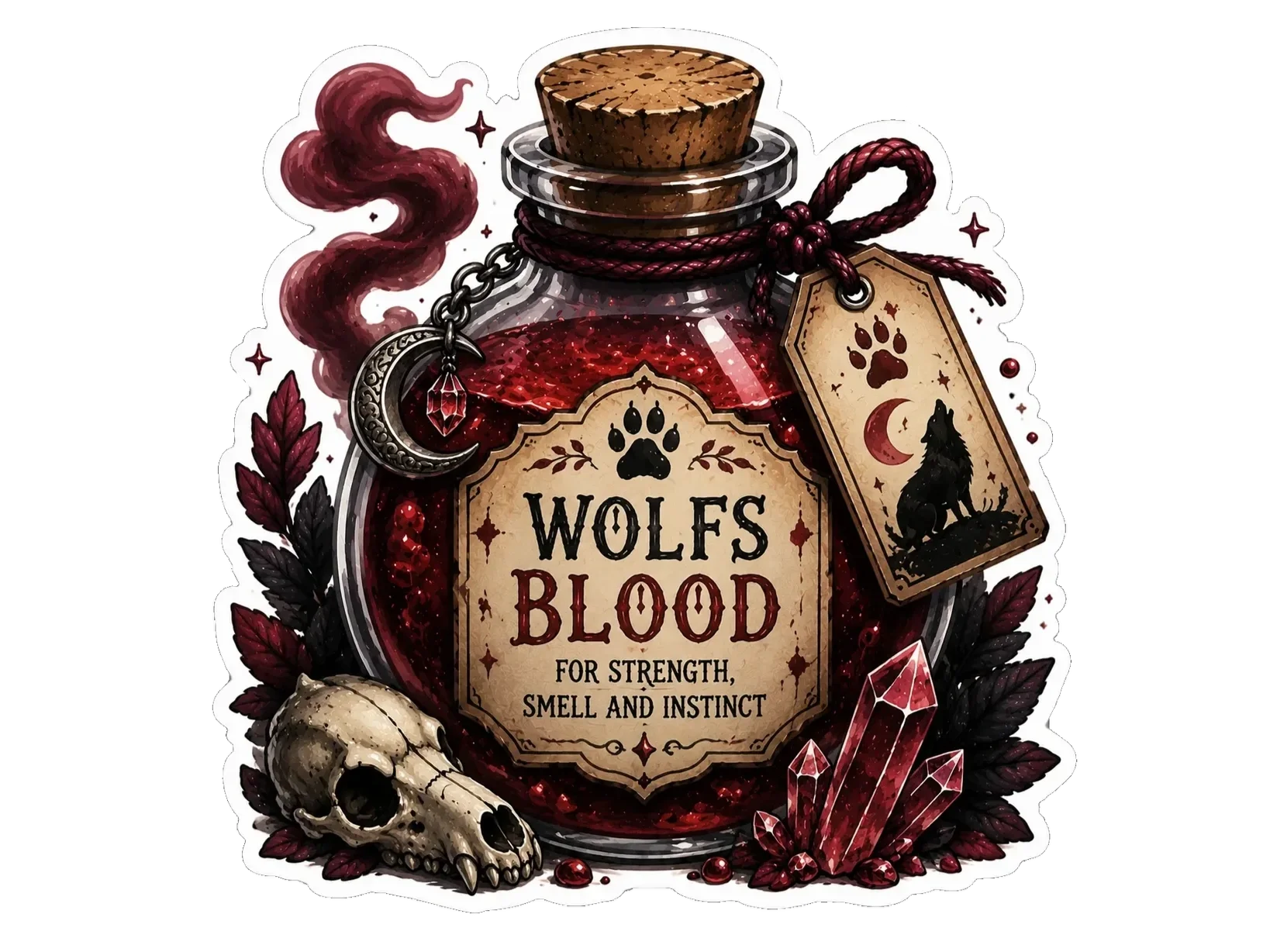 A sticker featuring a potion labeled 'WOLFS BLOOD' with the subtitle 'for strength, smell and instinct,' surrounded by a skull, red crystals, a wolf howling silhouette, a tag with a paw print and moon, feathers, and a chain with a crescent moon charm.