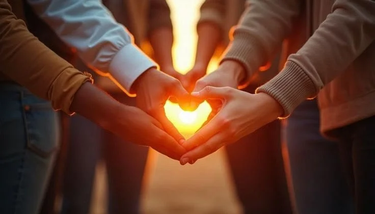 Multiple people forming a heart shape with their hands around a glowing sunset.