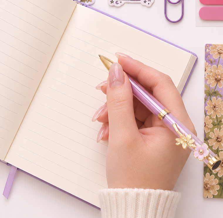 A person with long, manicured nails writing in an open, lined notebook with a pink and gold pen decorated with small flowers. Surrounding items include pink paper clips, purple paper clips, floral patterned sticky notes, and a decorative sticker with stars and rainbows.