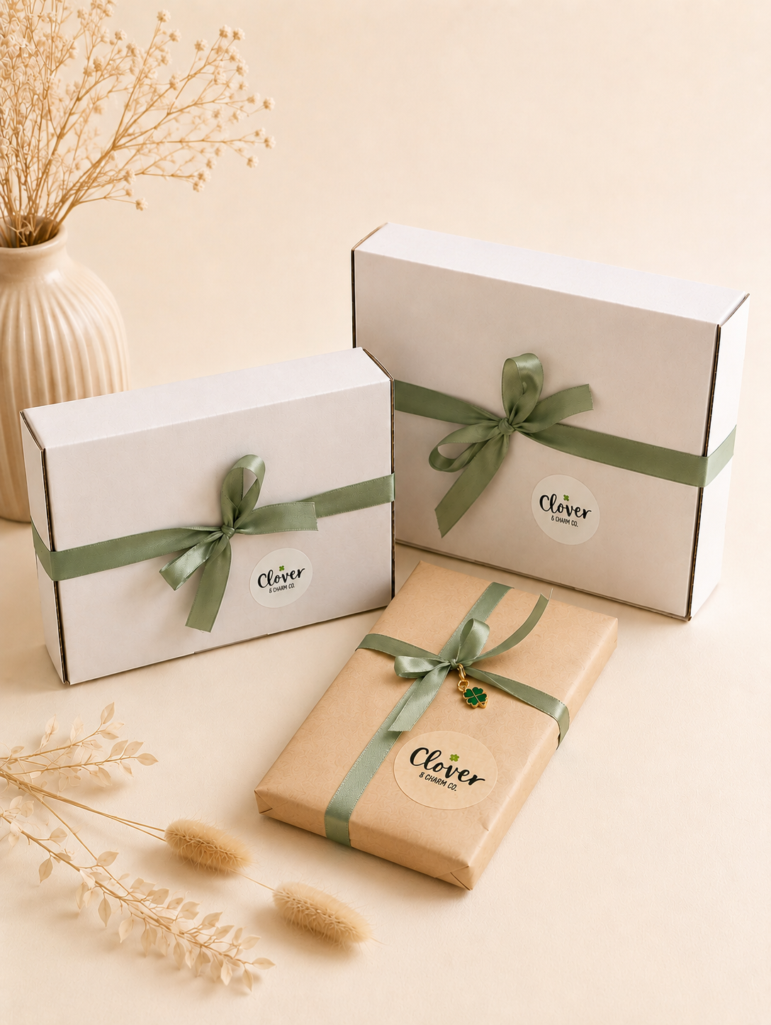 Three gift boxes wrapped in cream and beige paper with green satin bows, labeled "Clover & Charm Co." and a small four-leaf clover charm, arranged on a cream surface with a beige vase containing dried flowers in the background.