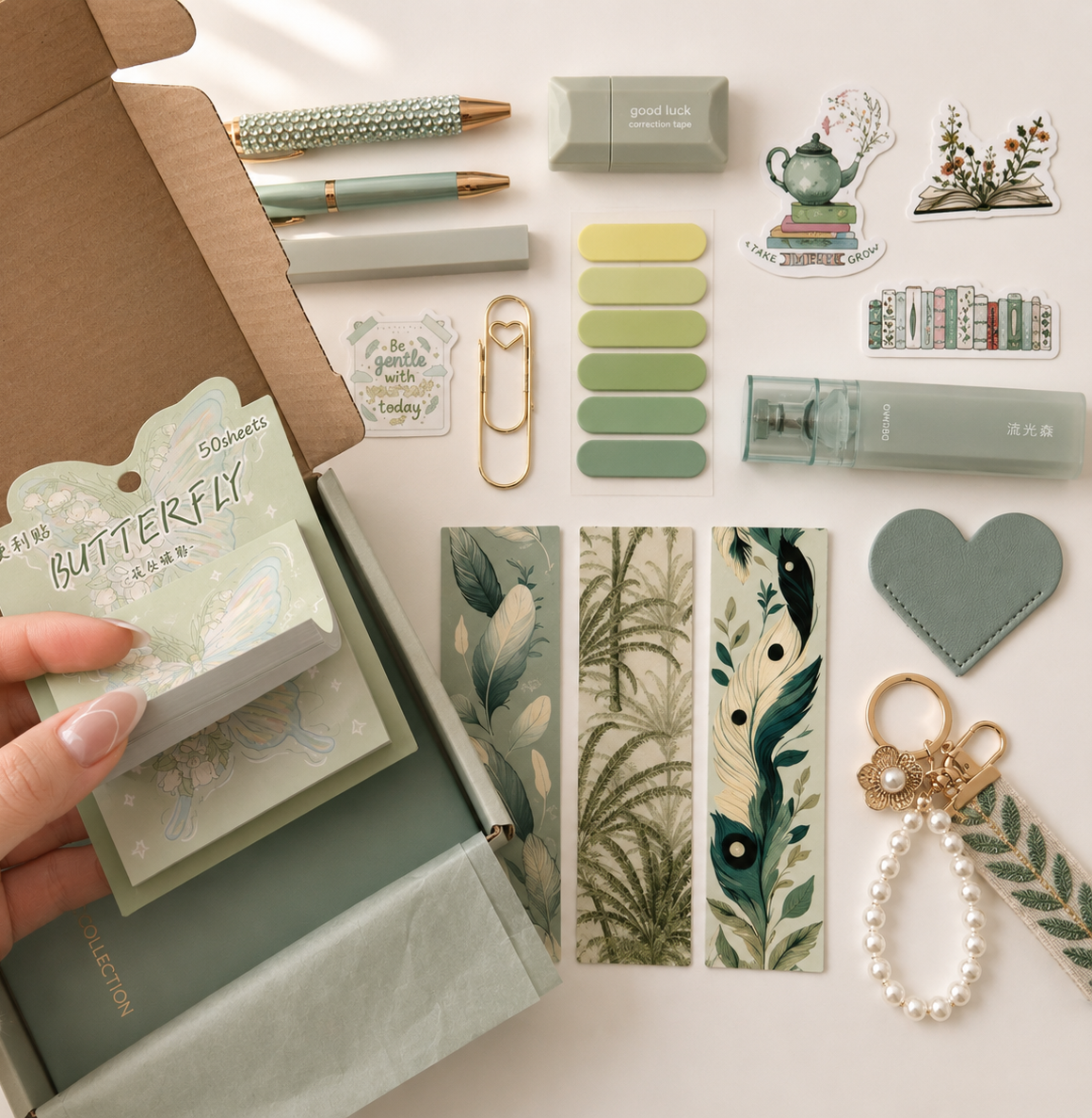 green_stationery_set_sticky_notes.png
