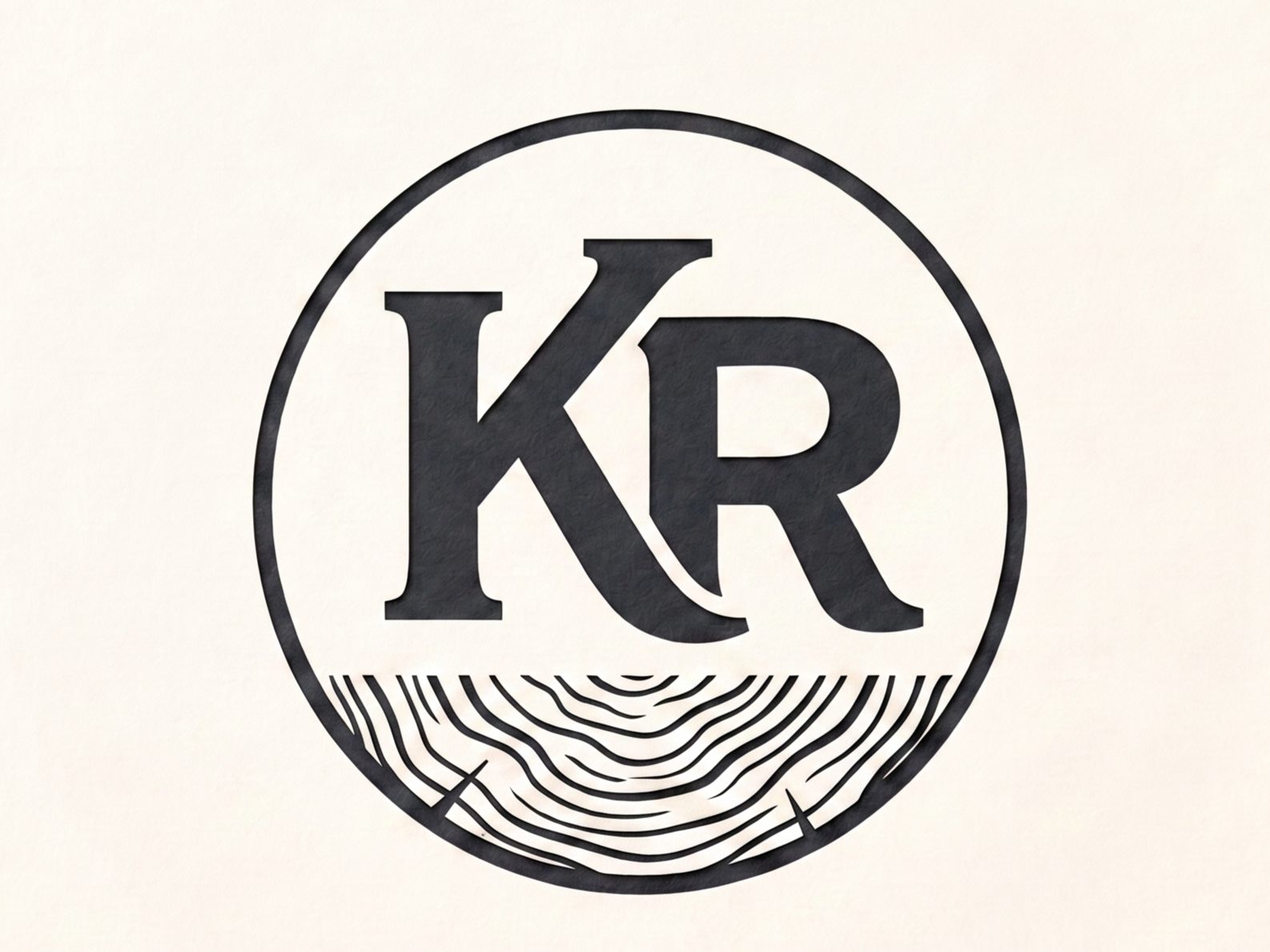 Black logo with the letters 'KR' inside a circle, with a fingerprint pattern at the bottom of the circle.