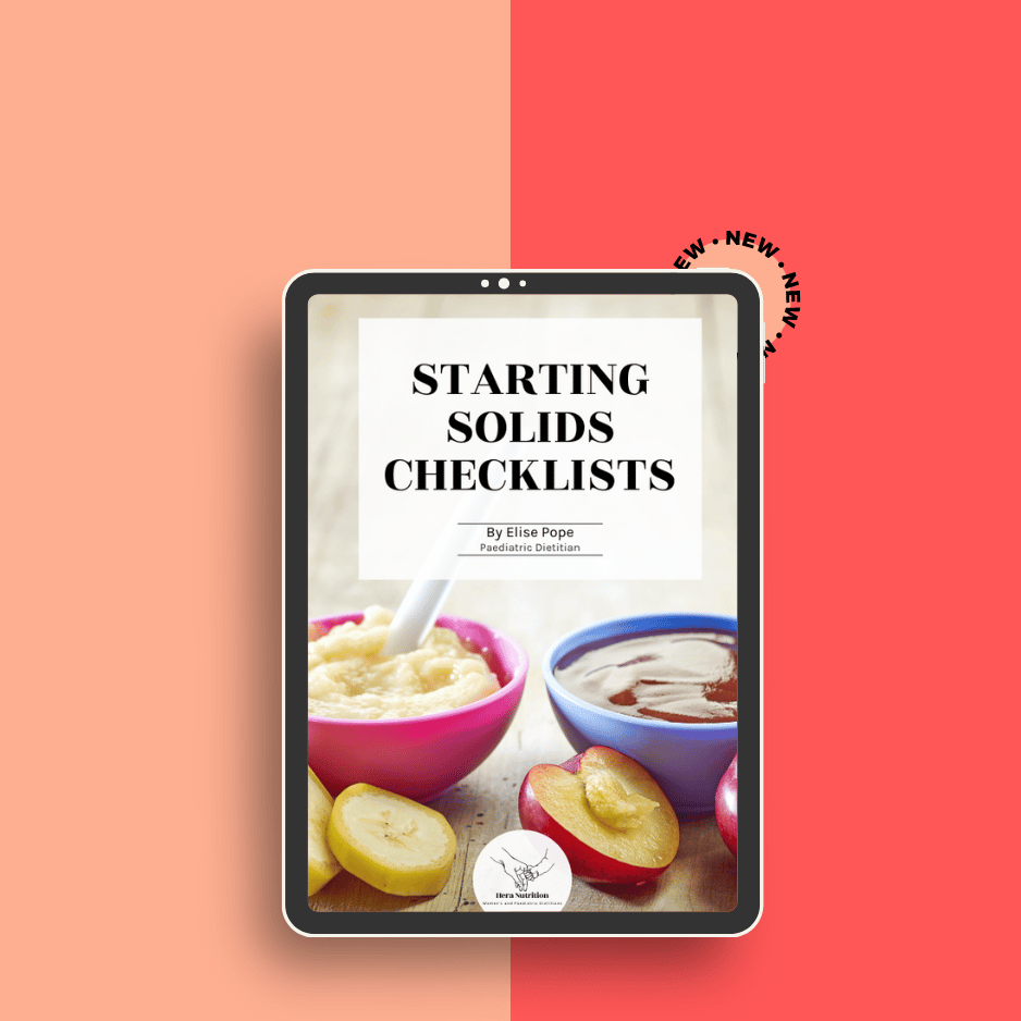 Digital cover of a guide titled "Starting Solids Checklists" by Elise Pope, featuring bowls of mashed food, banana slices, and apples on a tablet screen against a peach and coral background.