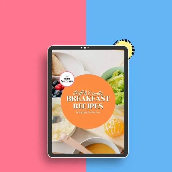 A tablet displaying a cover page for "Emp Friendly Breakfast Recipes" by Persona Nutrition, with images of breakfast foods like fruit, eggs, and juice, set against a pink and blue split background.