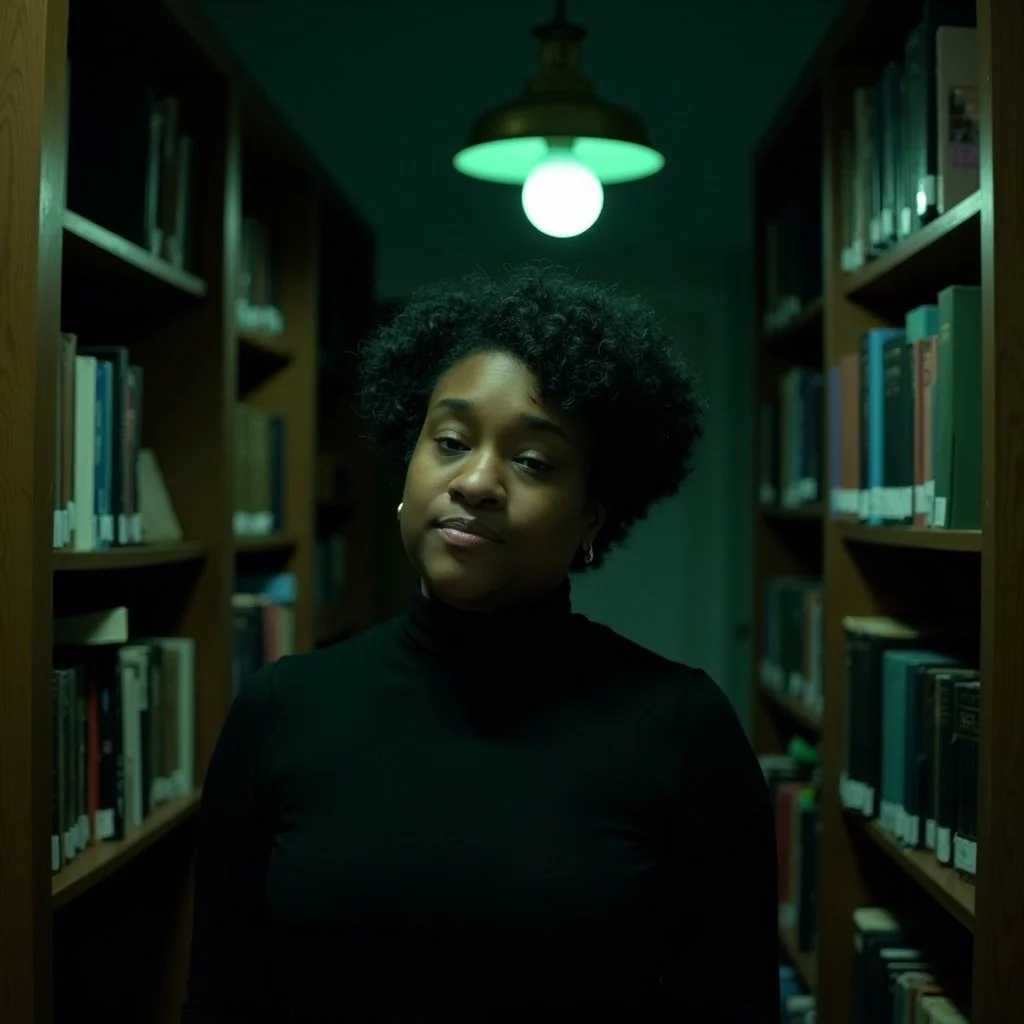 Baranda in the stacks at a library