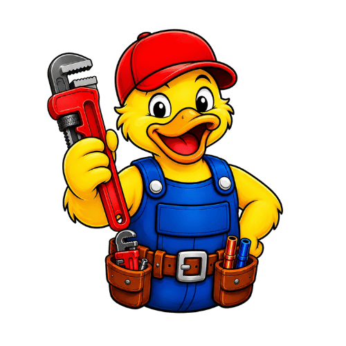Illustration of a yellow cartoon duck wearing a red cap, blue overalls, and a tool belt, holding a large red pipe wrench.