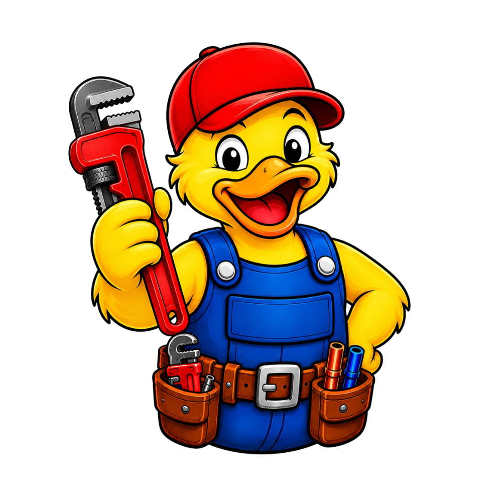 A cartoon duck character dressed as a handyman, wearing a red cap, blue overalls with pockets holding tools, and holding a large red pipe wrench. The duck is smiling cheerfully.
