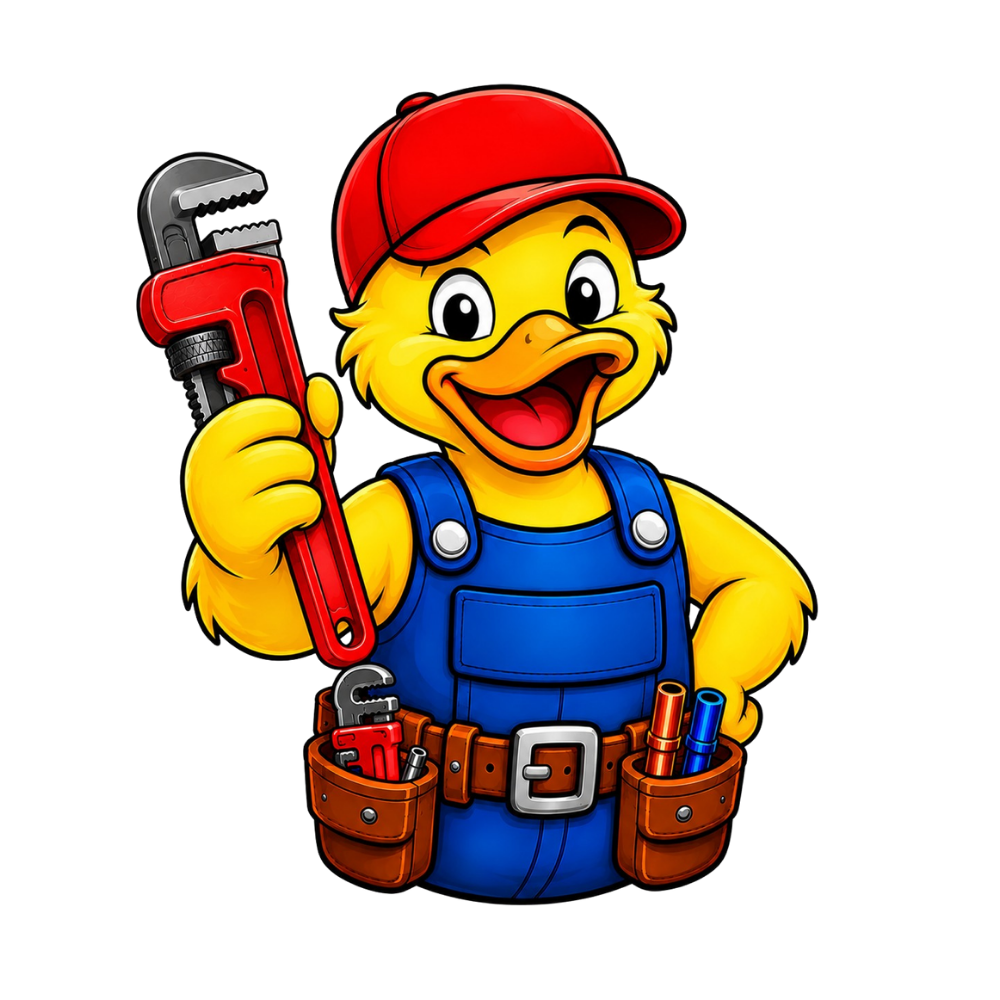 A cartoon yellow duck wearing a red baseball cap and blue overalls holding a red pipe wrench, with tools in a brown tool belt.