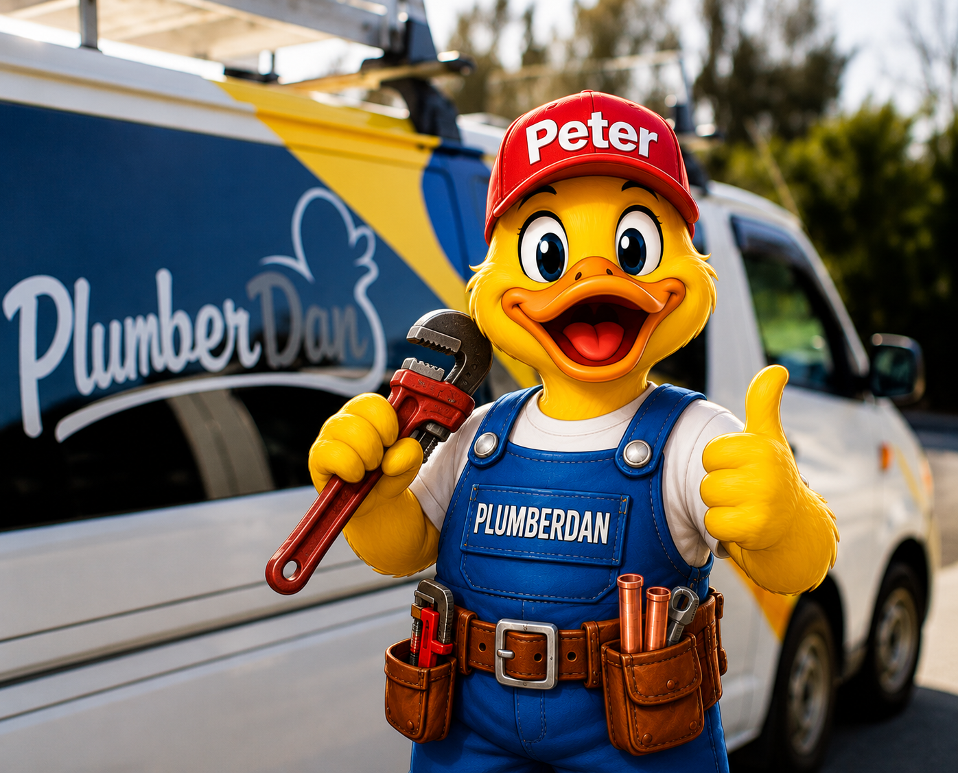 A cartoon duck character dressed as a plumber giving a thumbs up while holding a wrench near a plumber service van.